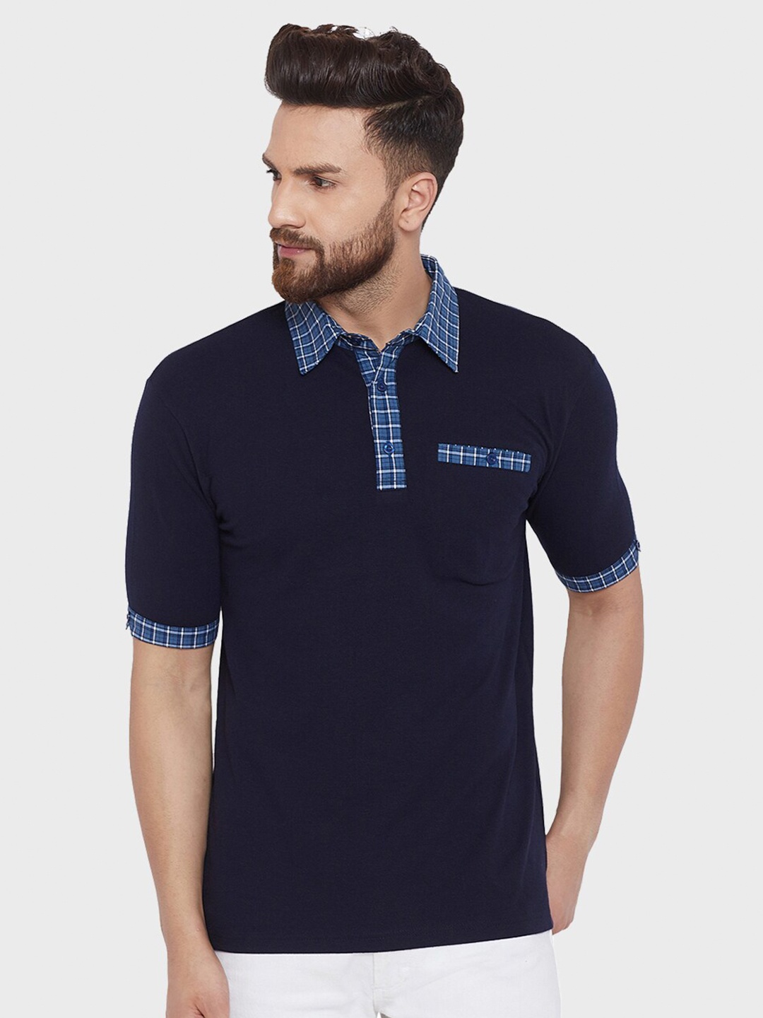 

Hypernation Men Navy Blue Cotton Polo Collar T-shirt