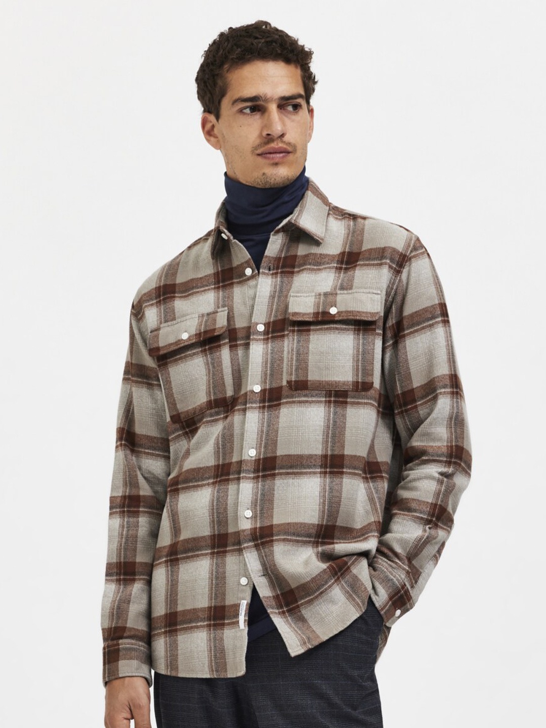 

SELECTED Men Brown Tartan Checks Checked Casual Shirt