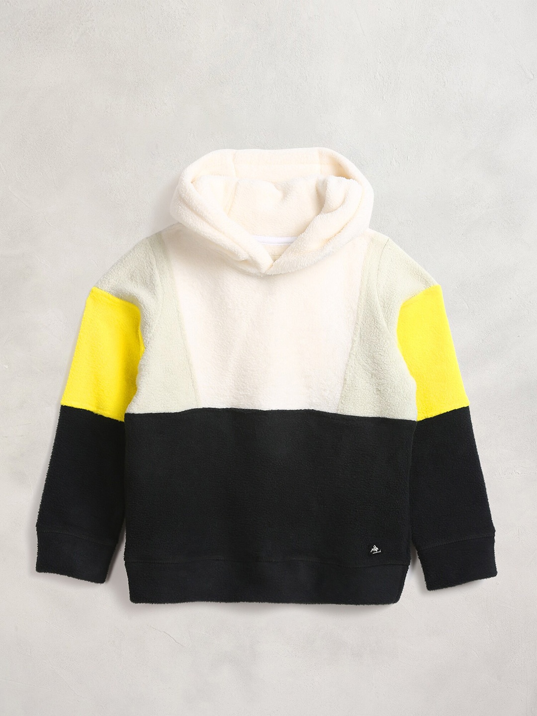 

Cherry Crumble Boys Off-white and Yellow Colourblocked Hooded Sweatshirt