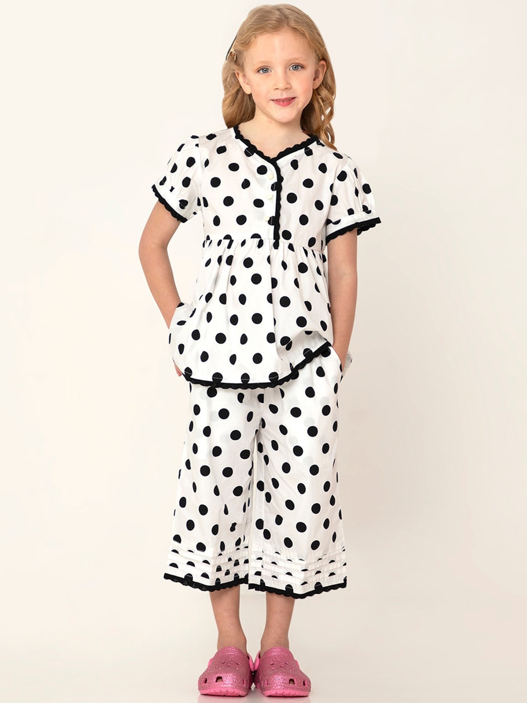 

Cherry Crumble Girls White & Black Printed Night suit