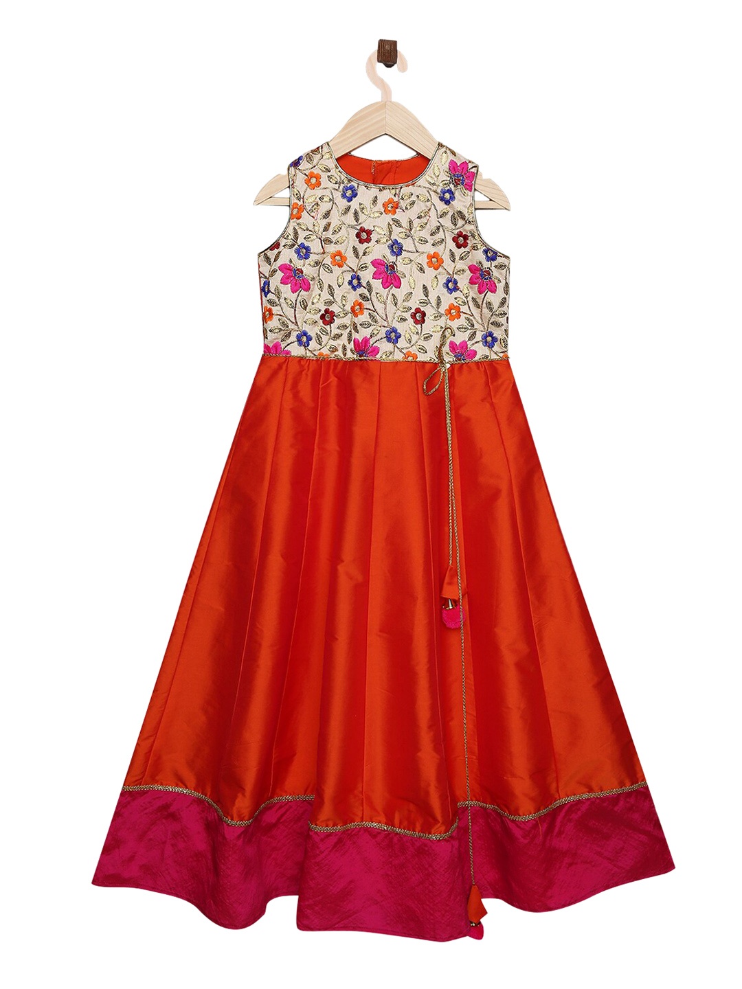 

K&U Girls Orange & Beige Ethnic Motifs Embroidered Thread Work Anarkali Kurta