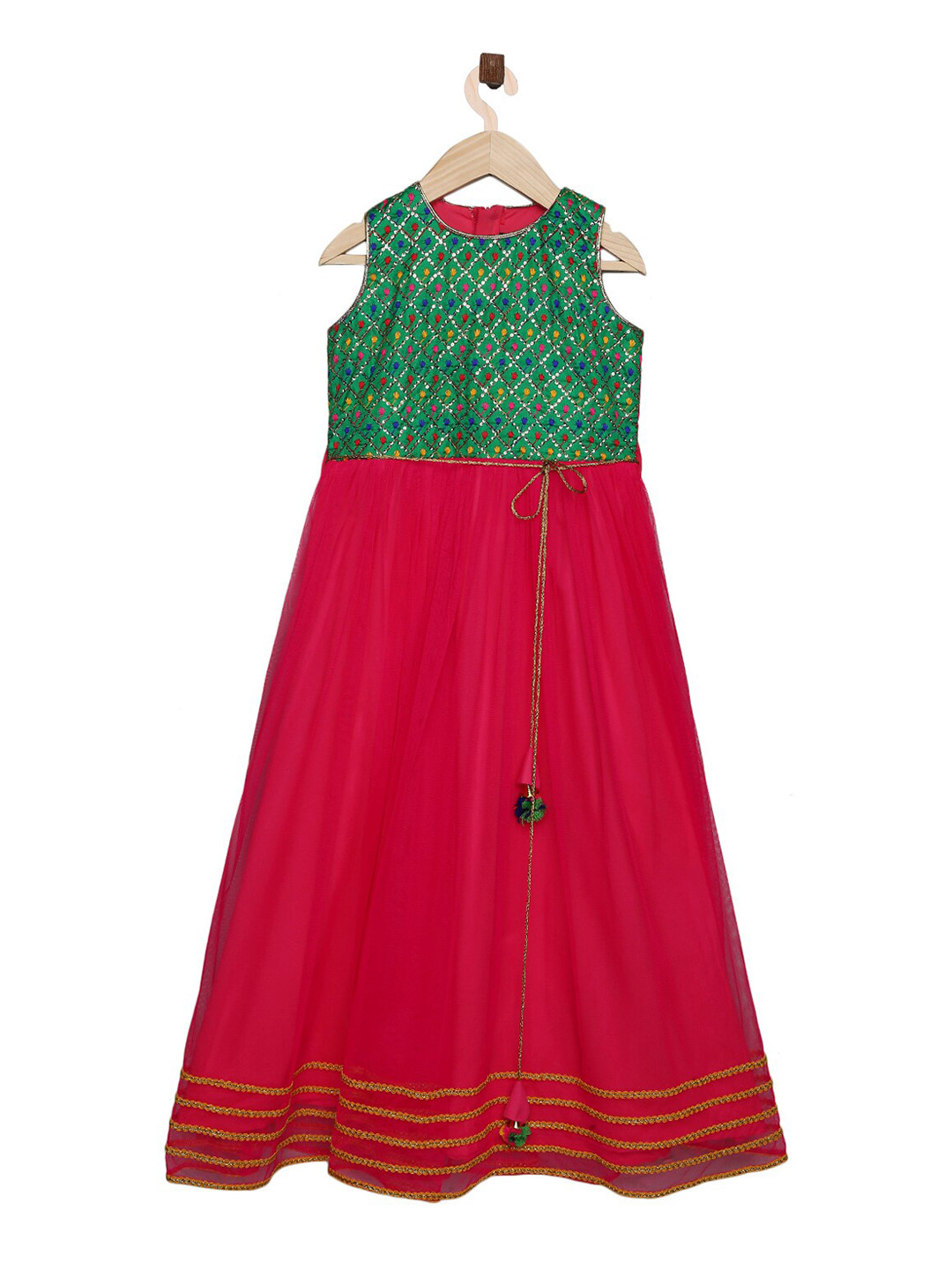 

K&U Girls Green and Pink Geometric Embroidered Ethnic Dress