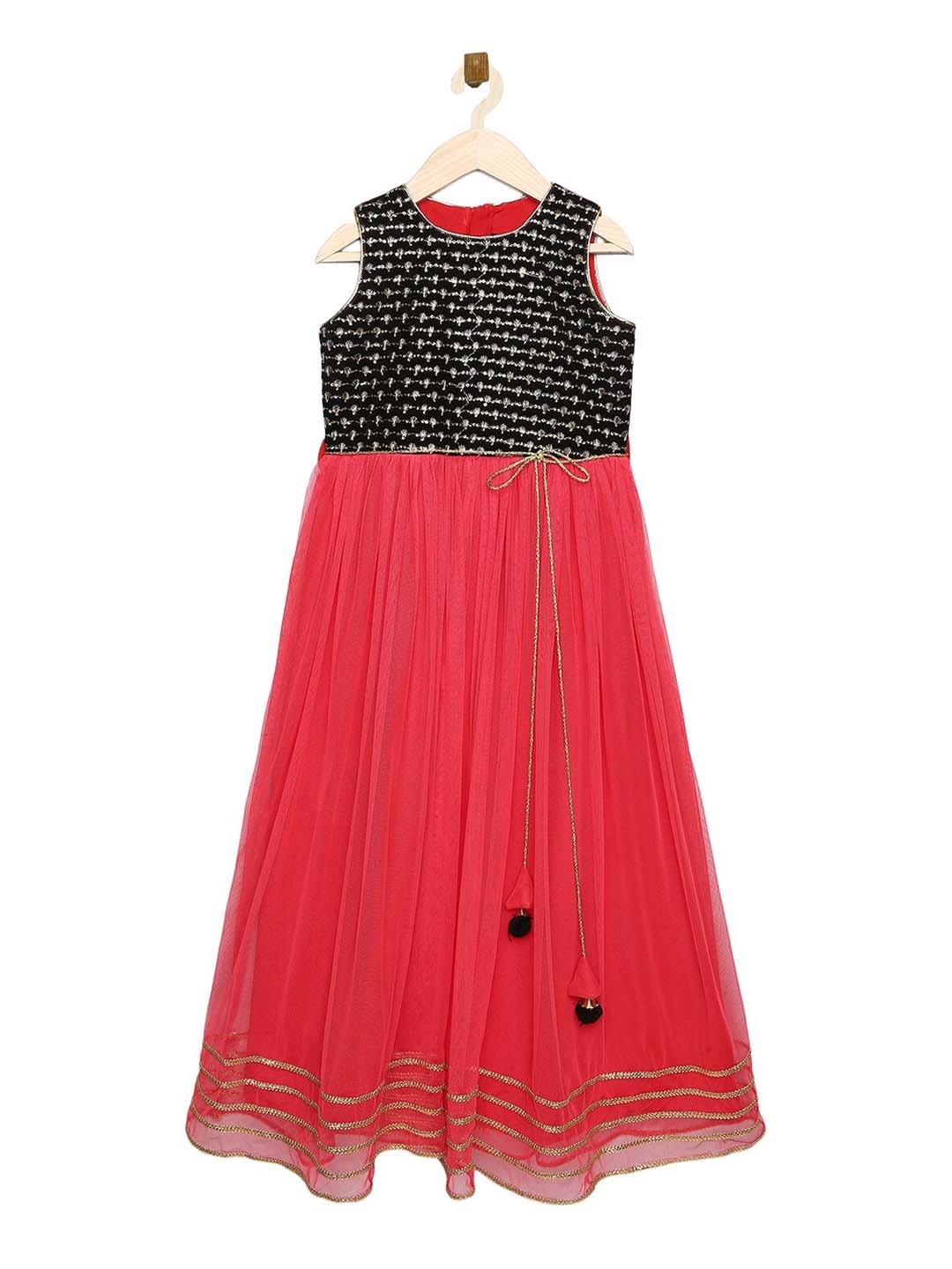 

K&U Girls Red Embroidered Ethnic Flared Dress