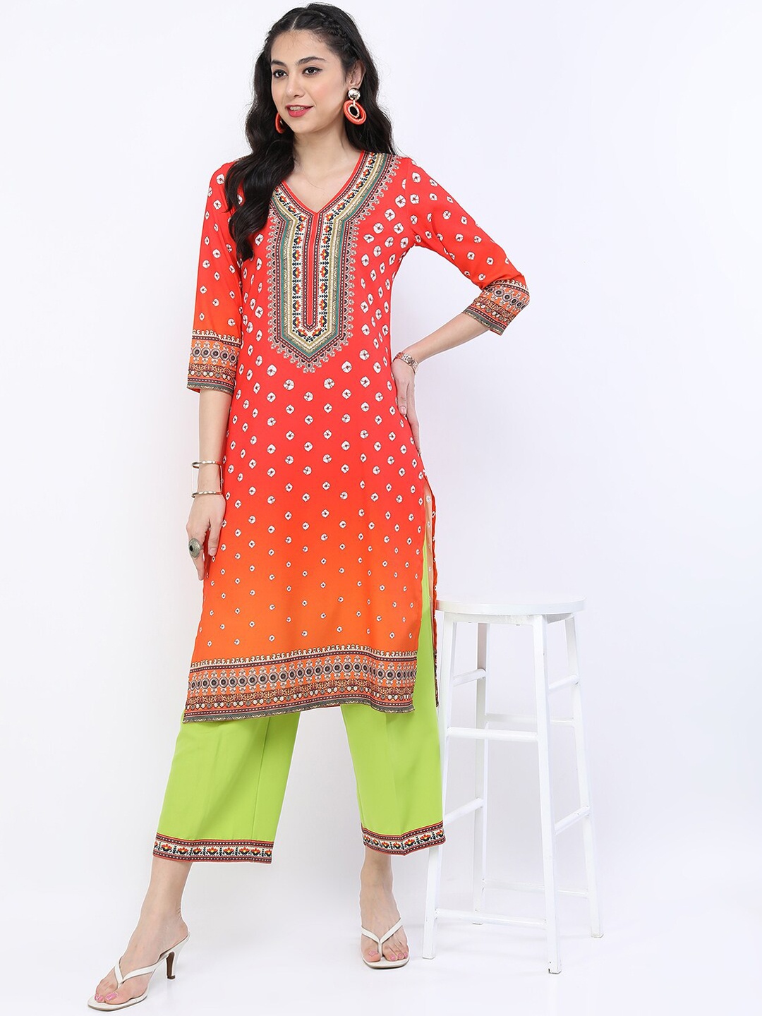 

Vishudh Women Orange Bandhani Printed Kurta with Trousers