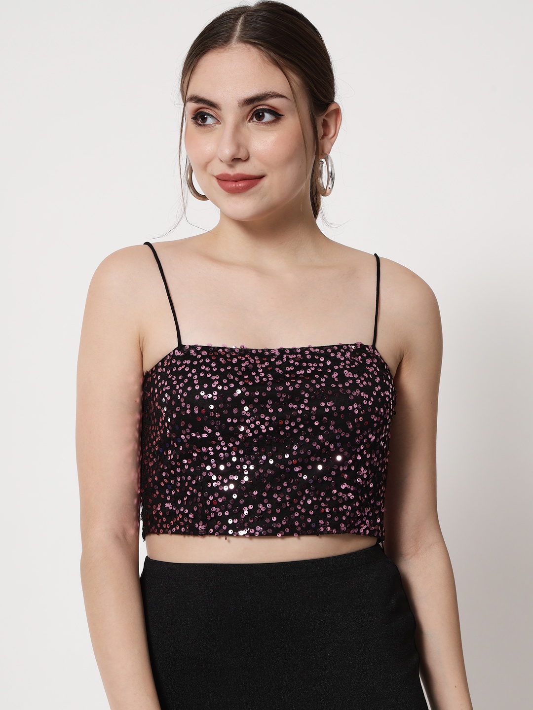 

Trend Arrest Pink & Black Embellished Crepe Crop Top