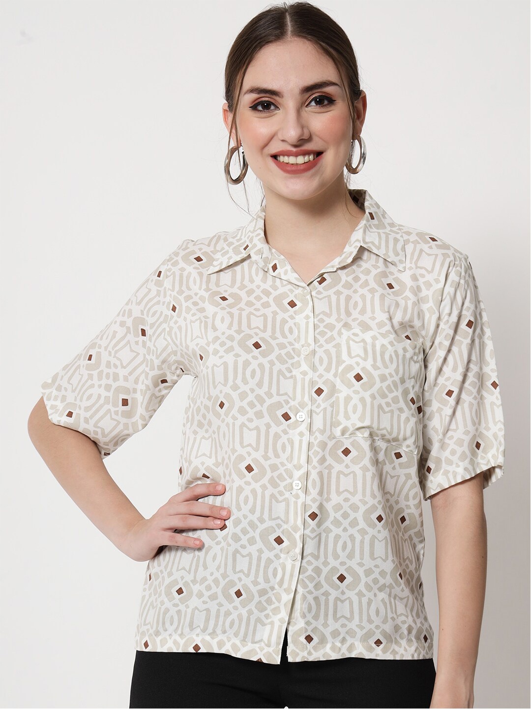 

Trend Arrest Women White Comfort Printed Casual Shirt