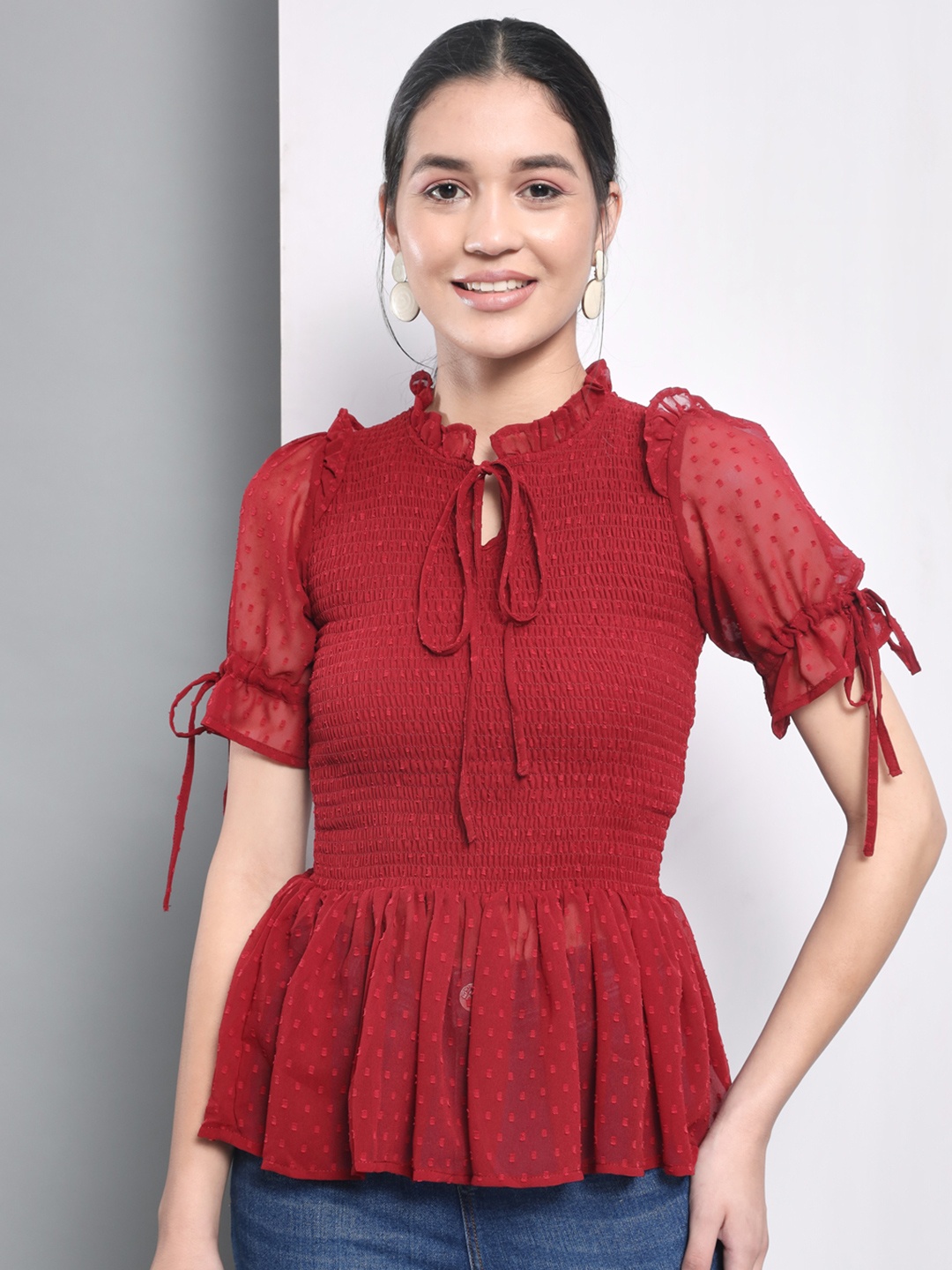 Trend Arrest Women Maroon Tie-Up Neck Georgette Peplum Top