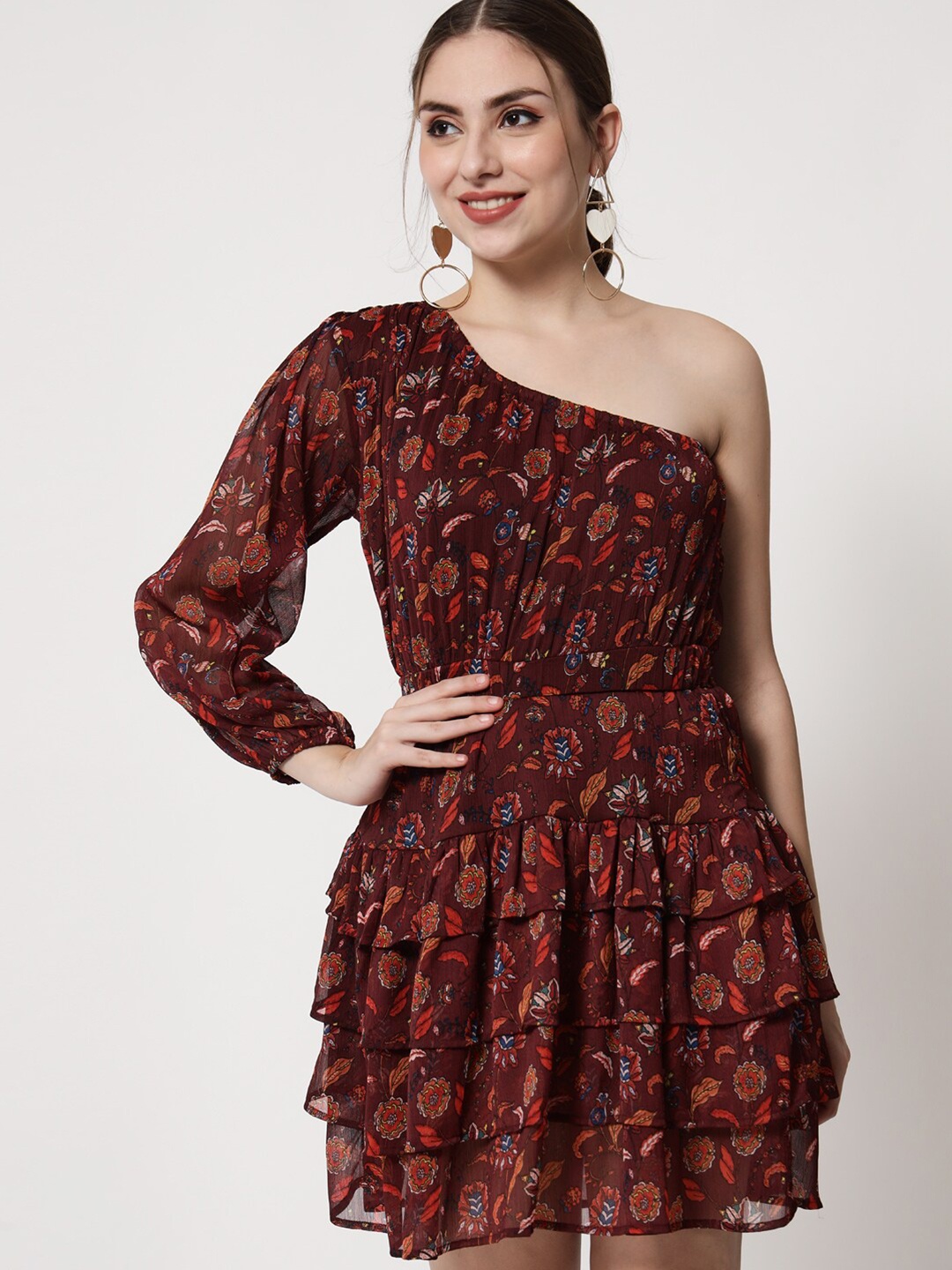 

Trend Arrest Brown Floral One Shoulder Layered Georgette Mini Dress