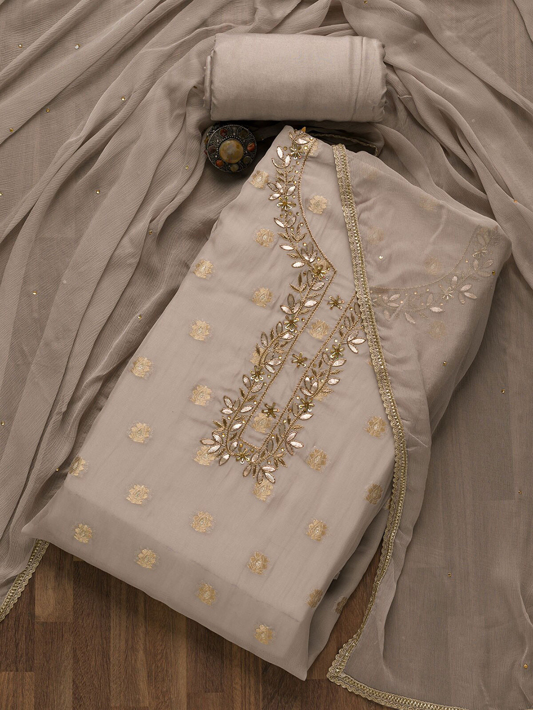 

Koskii Grey & Gold-Toned Unstitched Dress Material