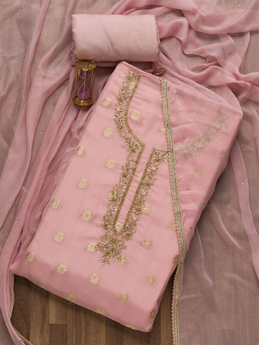 

Koskii Lavender & Gold-Toned Embroidered Unstitched Dress Material