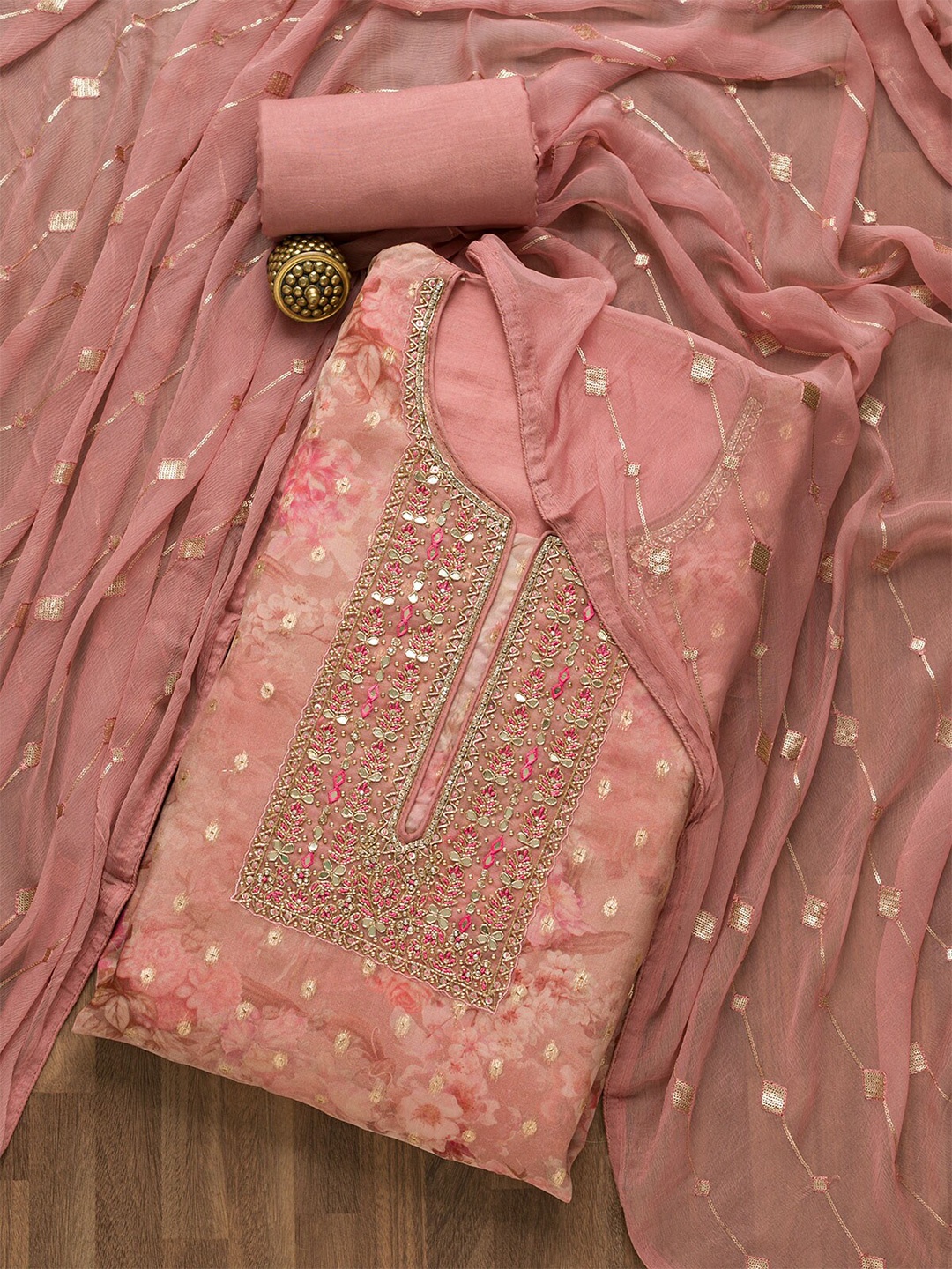 

Koskii Pink & Gold-Toned Embroidered Unstitched Dress Material