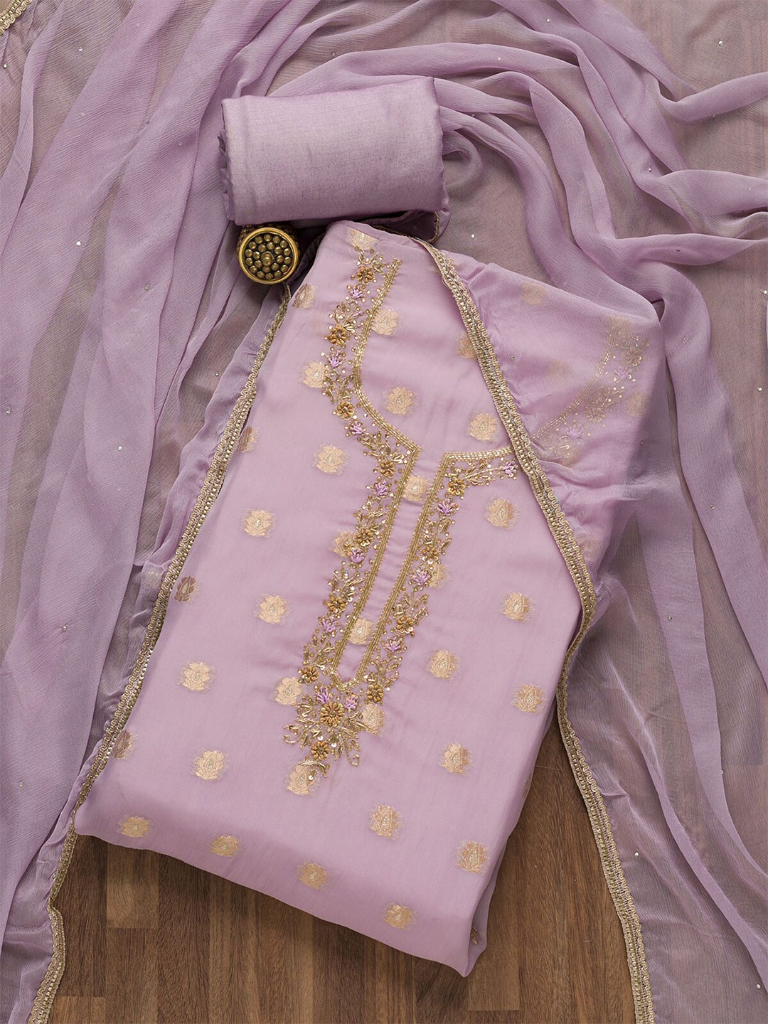 

Koskii Purple & Gold-Toned Embroidered Unstitched Dress Material