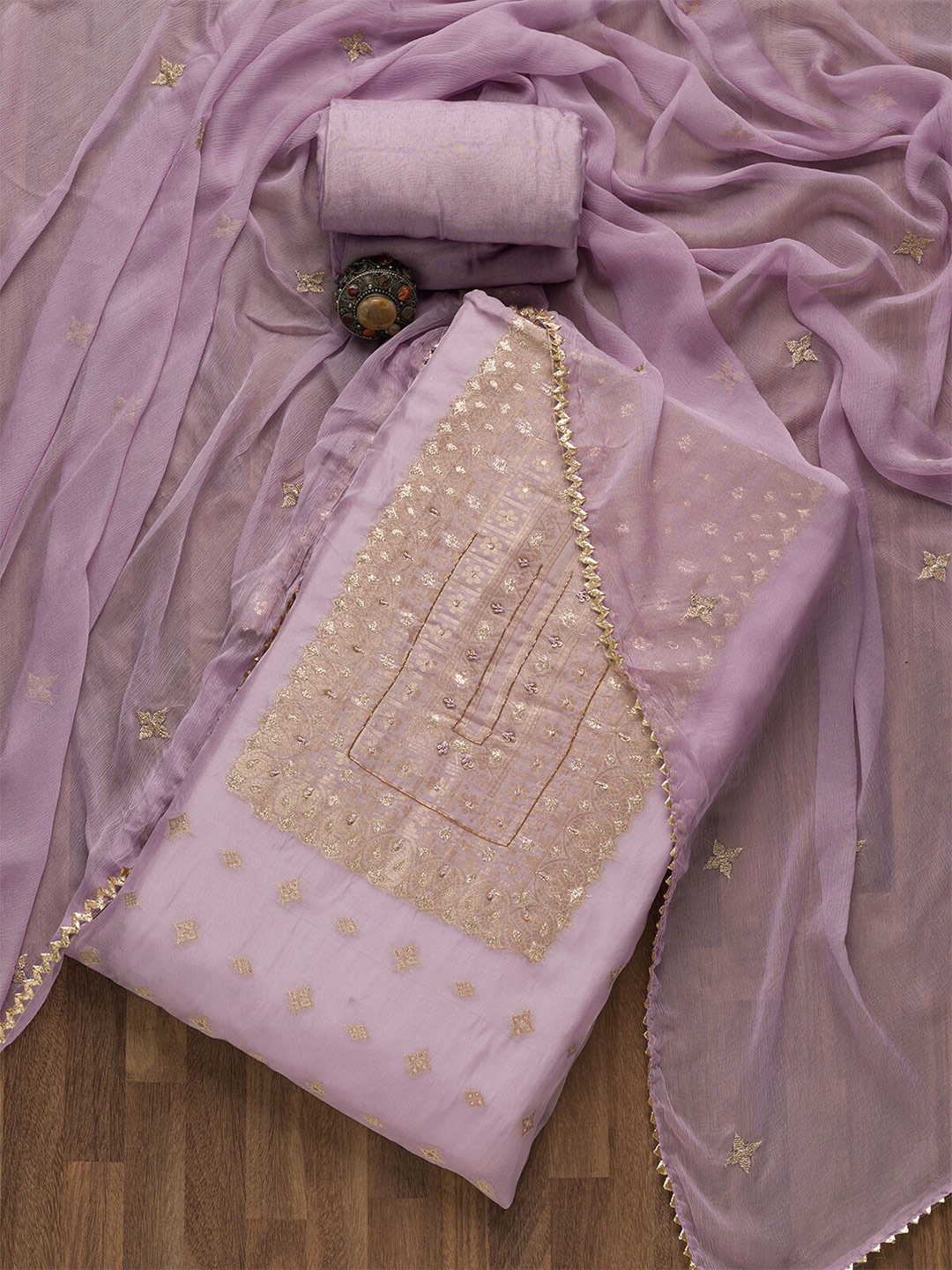

Koskii Purple & Gold-Toned Embroidered Unstitched Dress Material