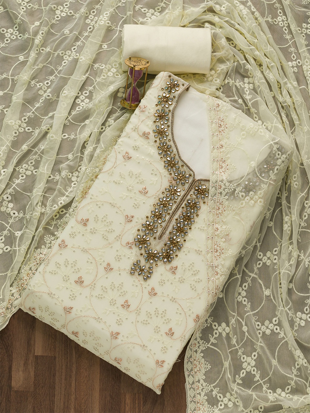 

Koskii Yellow & Gold-Toned Embroidered Unstitched Dress Material