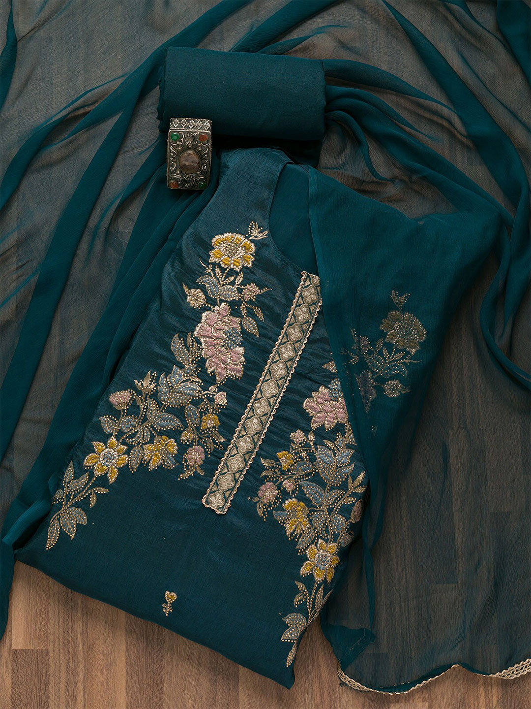 

Koskii Blue & Pink Embroidered Art Silk Unstitched Dress Material