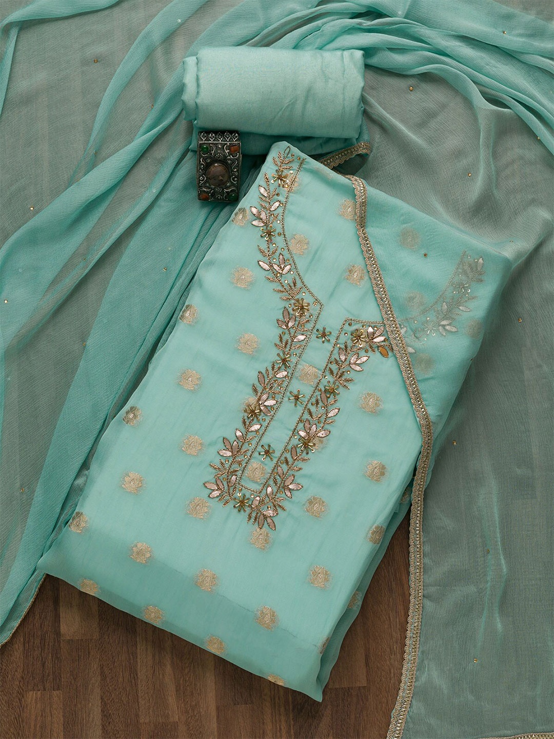 

Koskii Blue & Gold-Toned Embroidered Unstitched Dress Material