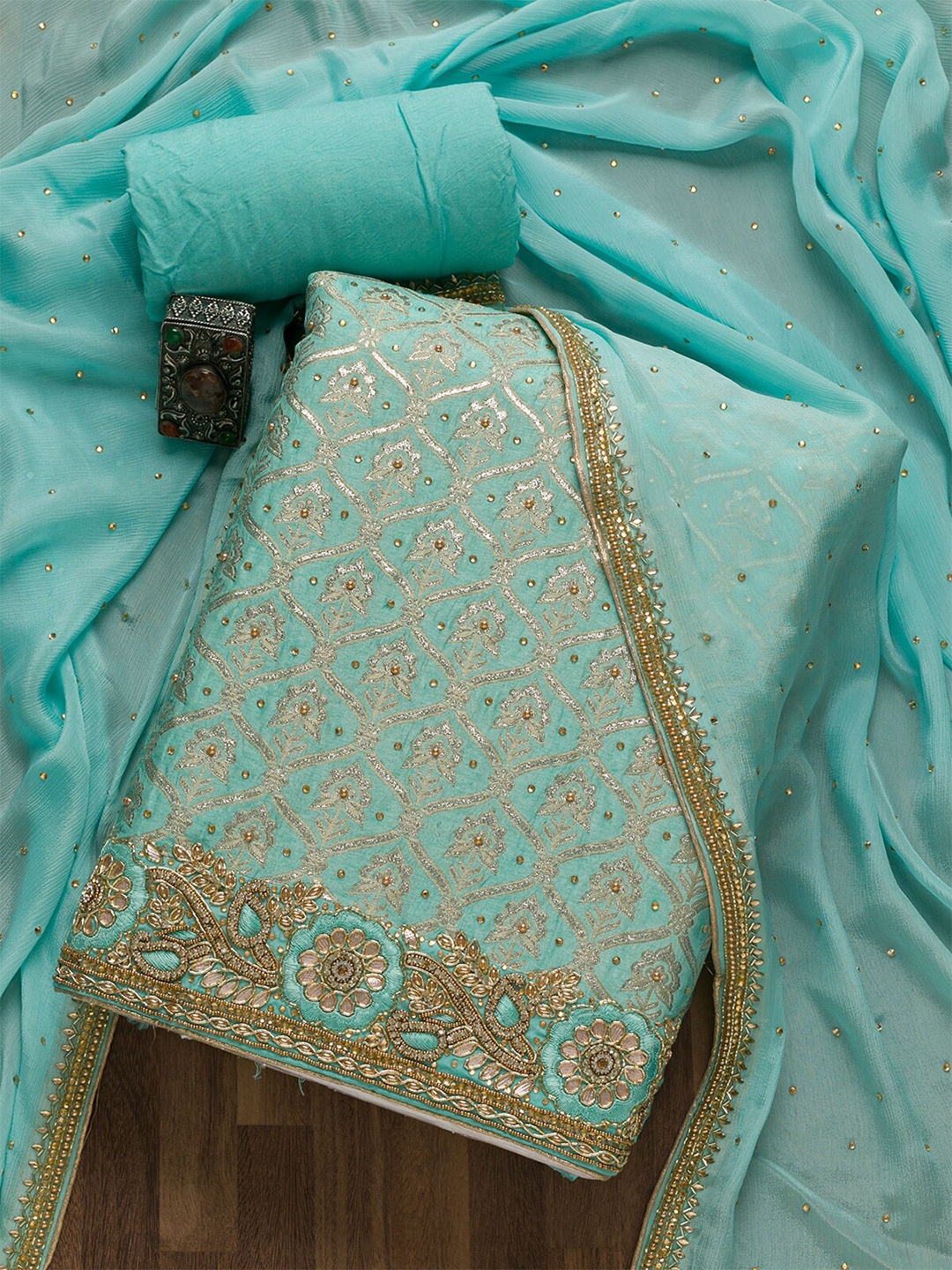 

Koskii Green & Gold-Toned Embroidered Art Silk Unstitched Dress Material
