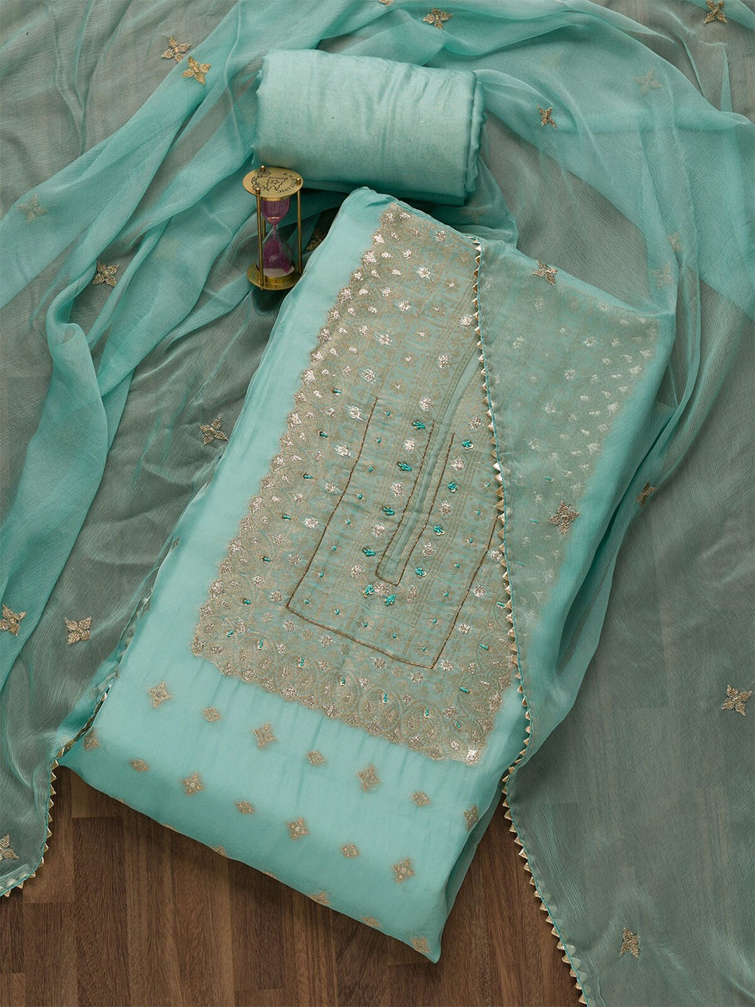 

Koskii Blue & Gold-Toned Embroidered Unstitched Dress Material