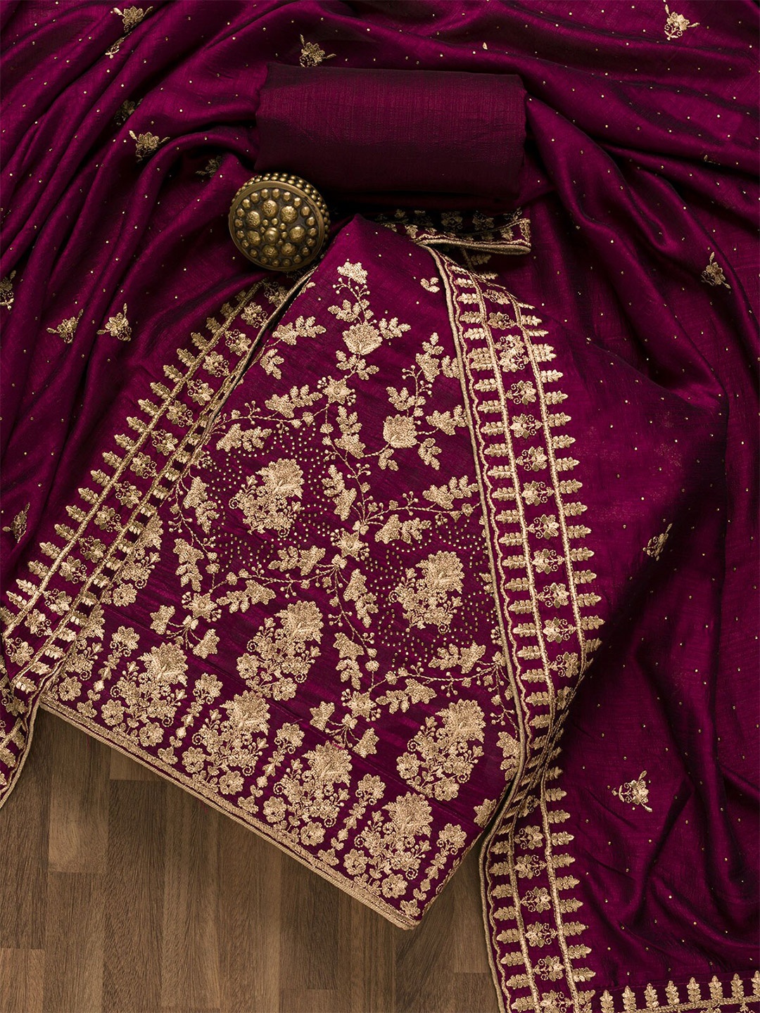 

Koskii Maroon & Gold-Toned Embroidered Art Silk Unstitched Dress Material
