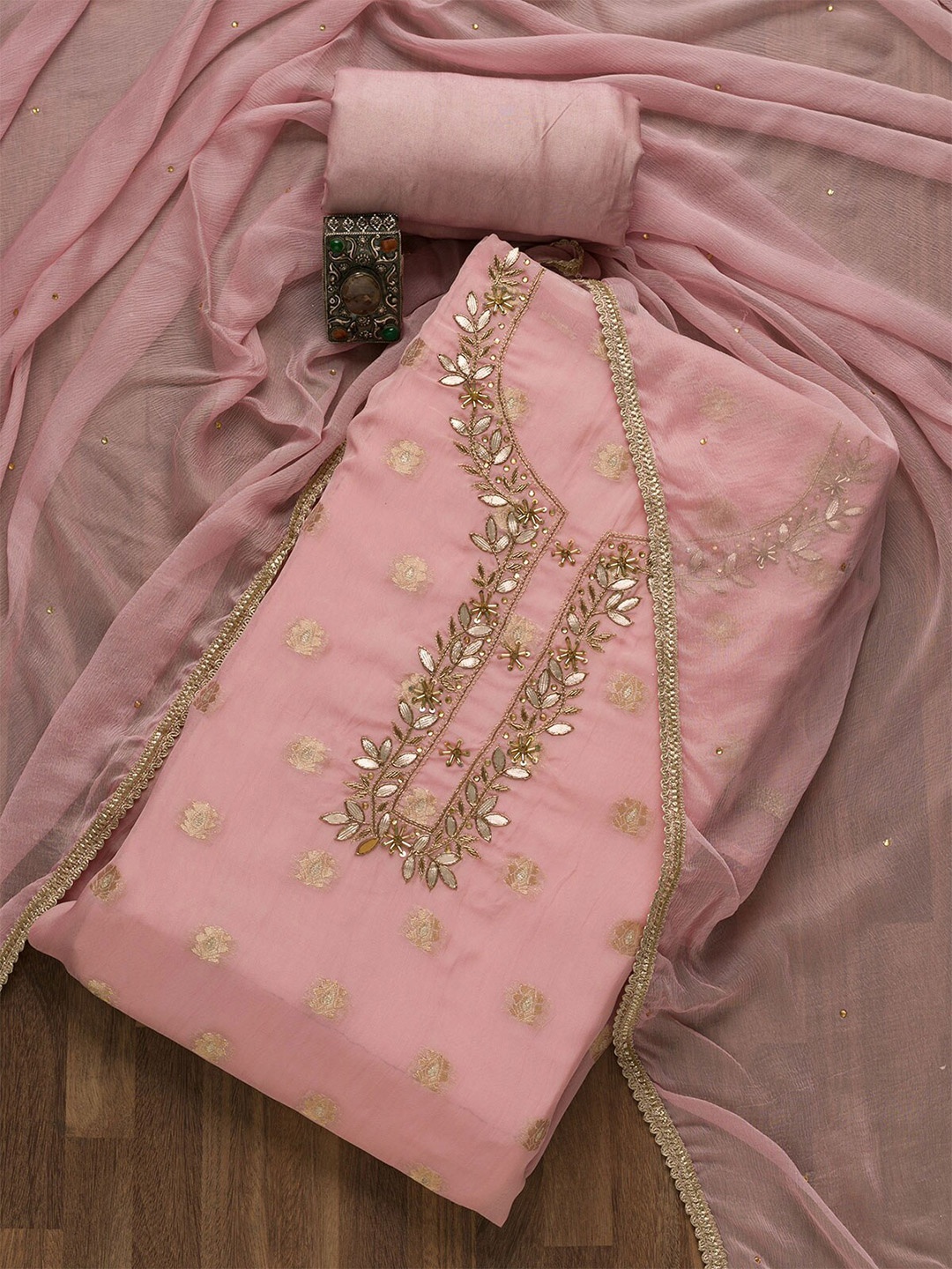 

Koskii Pink & Gold-Toned Embroidered Unstitched Dress Material
