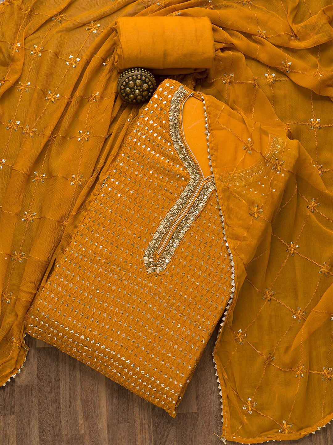 

Koskii Mustard Yellow & Gold-Toned Embroidered Unstitched Dress Material