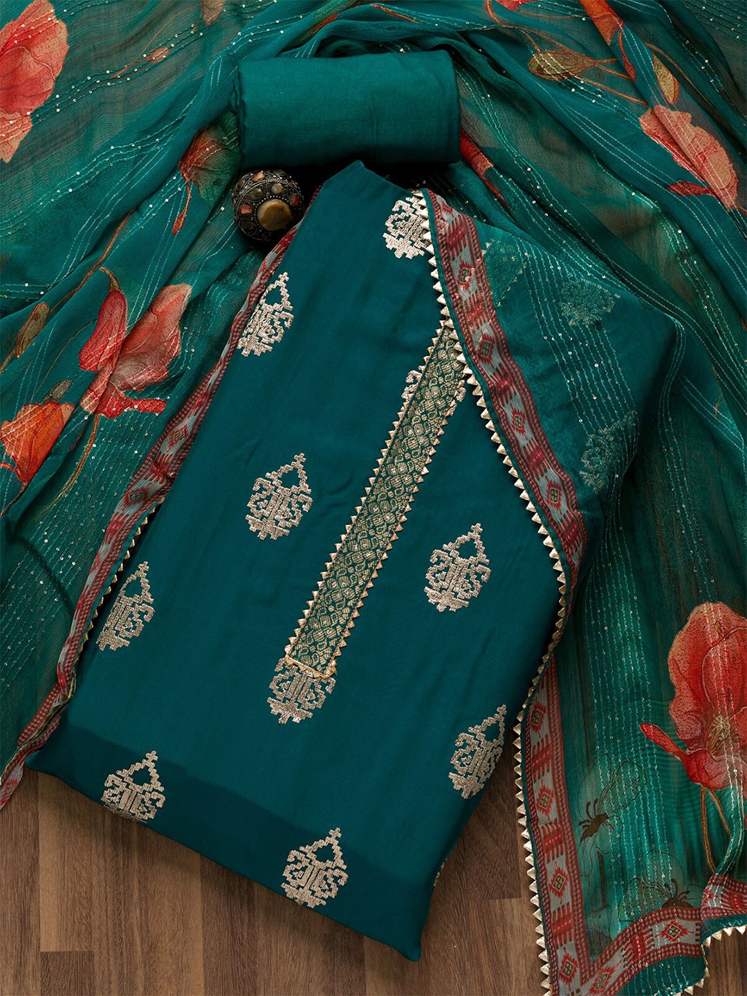 

Koskii Blue & Green Unstitched Dress Material