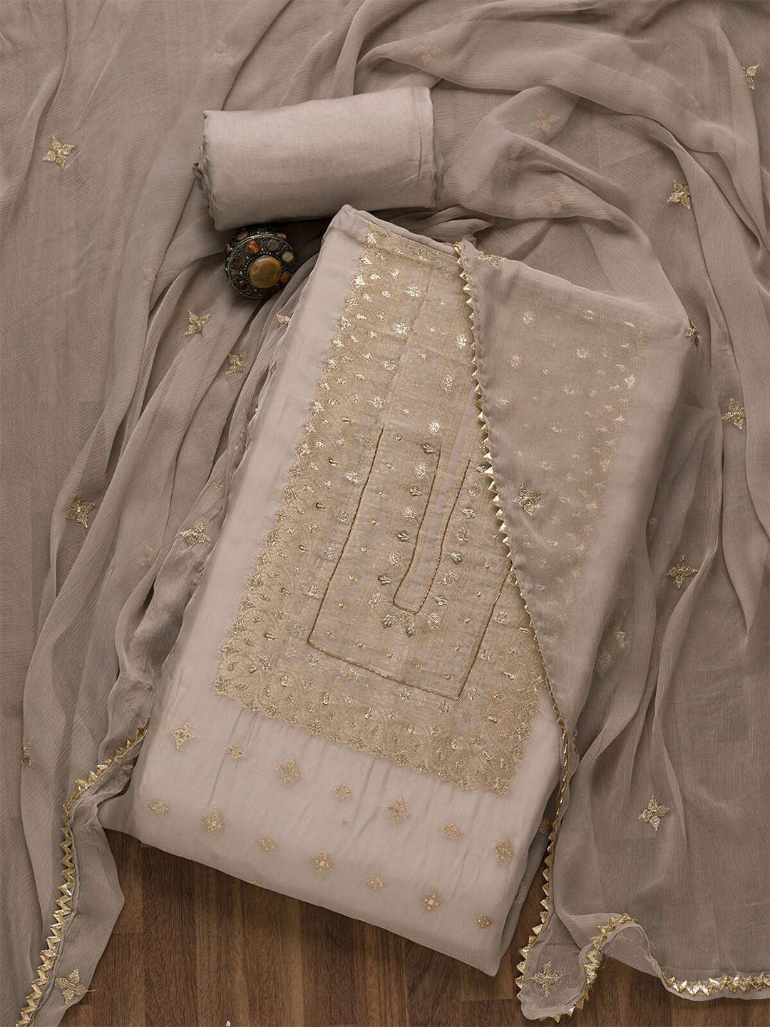 

Koskii Grey & Gold-Toned Embroidered Unstitched Dress Material