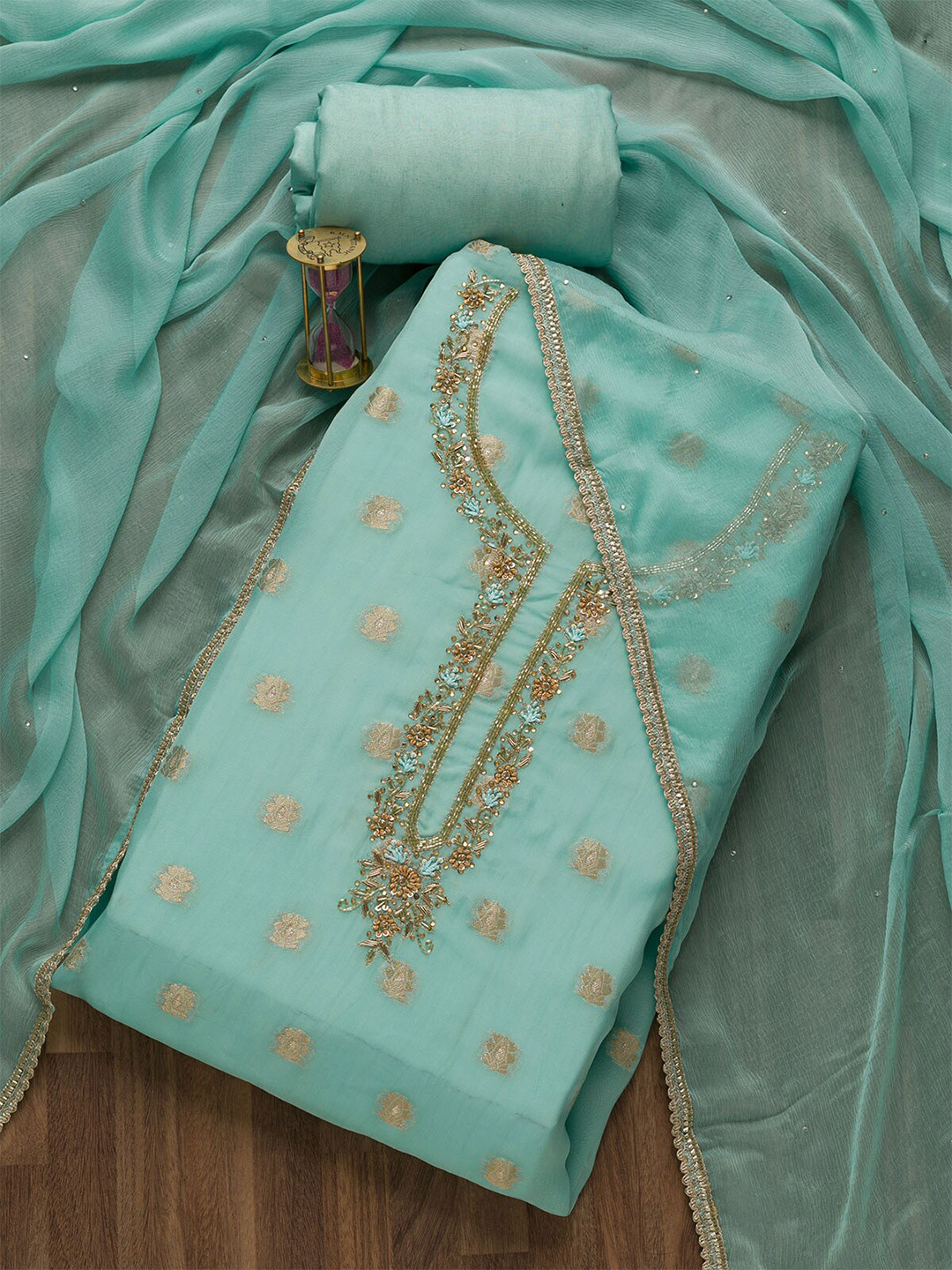 

Koskii Blue & Gold-Toned Embroidered Unstitched Dress Material
