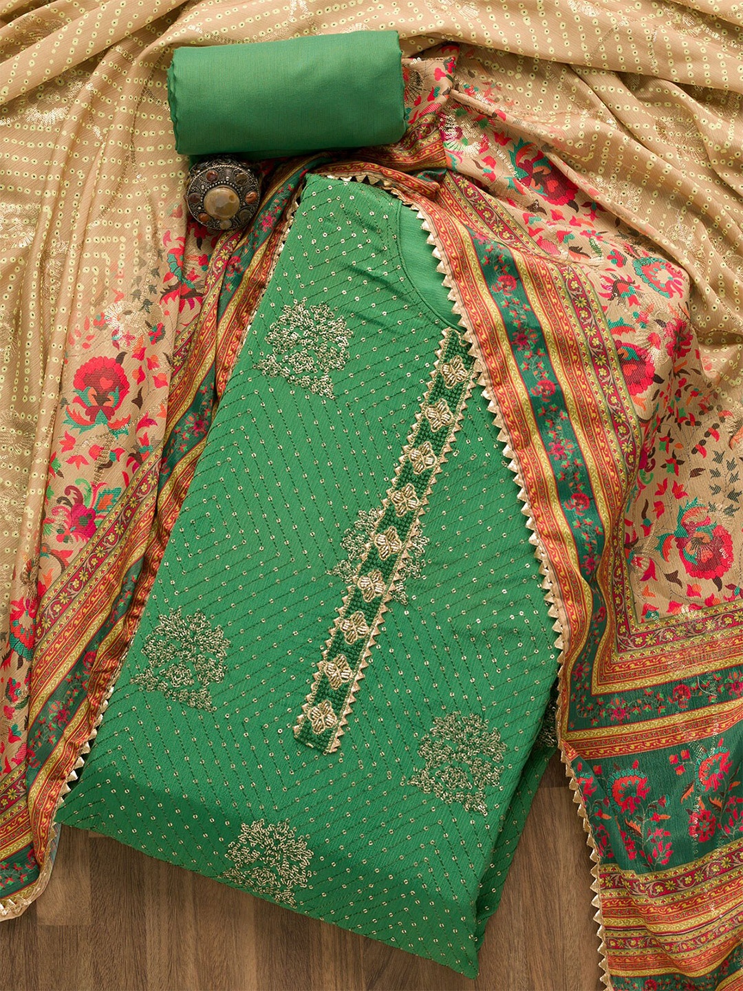 

Koskii Green & Beige Embroidered Unstitched Dress Material