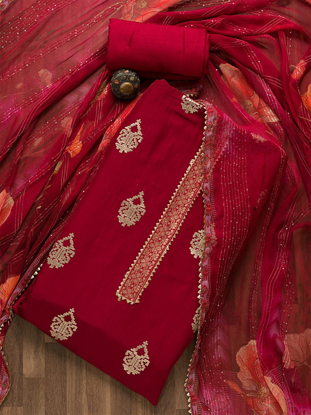

Koskii Maroon & Gold-Toned Unstitched Dress Material