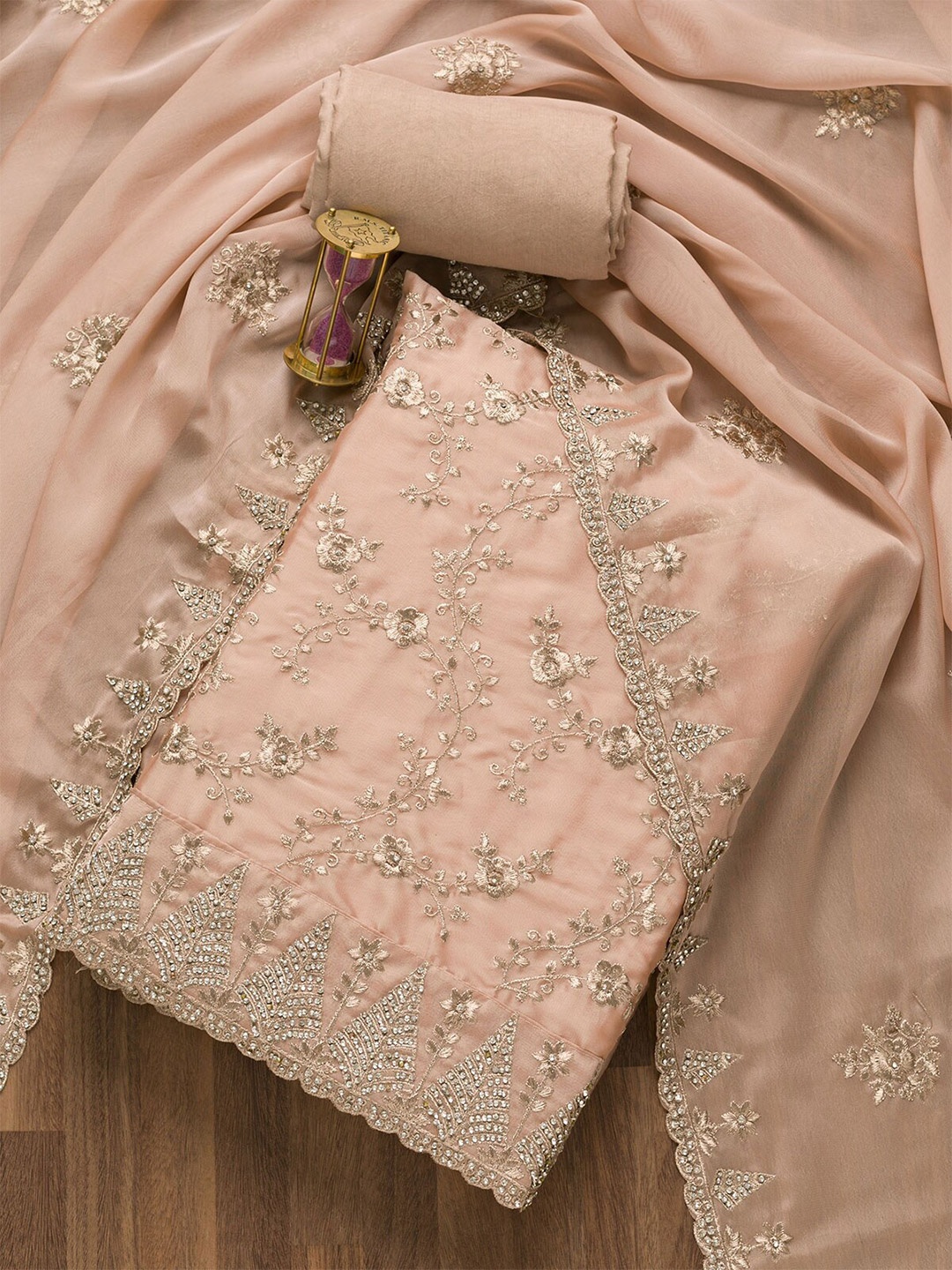 

Koskii Peach-Coloured & Gold-Toned Embroidered Unstitched Dress Material