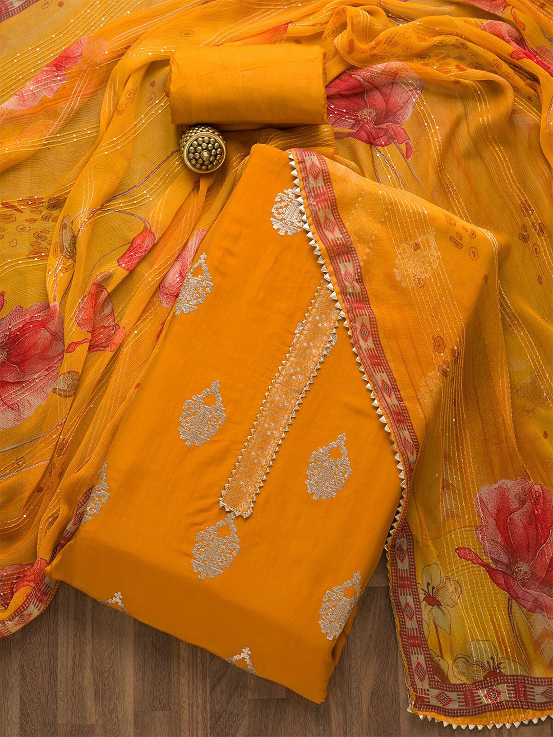 

Koskii Mustard Yellow & Gold-Toned Unstitched Dress Material