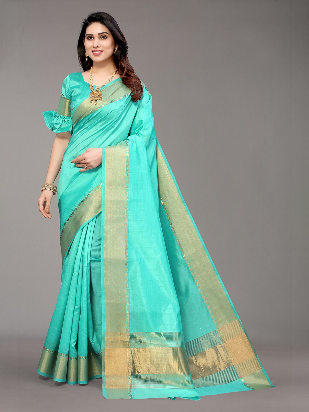 

Winza Designer Green & Gold-Toned Embellished Zari Silk Blend Fusion Banarasi Saree