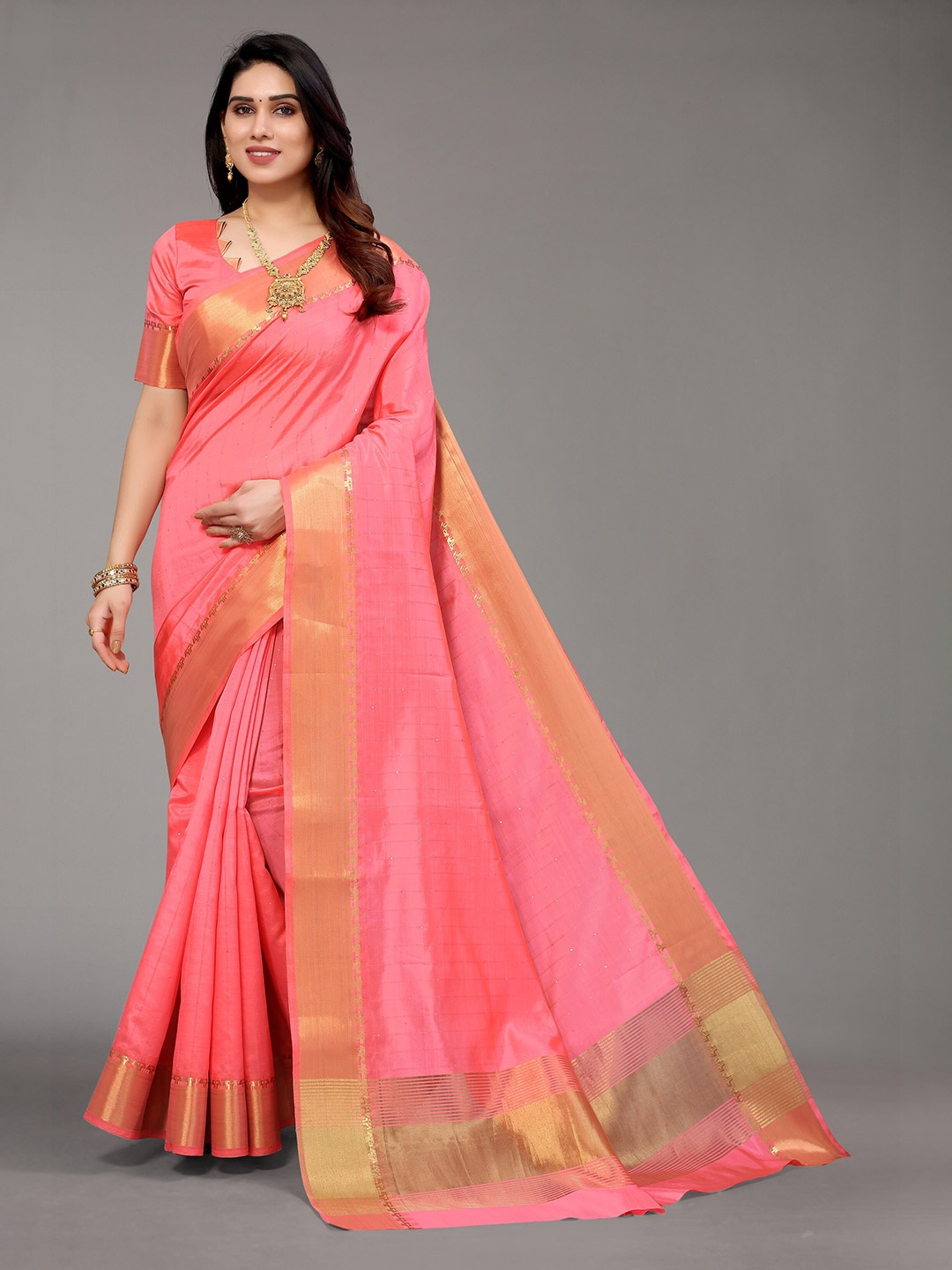 

Winza Designer Pink & Gold-Toned Embellished Zari Silk Blend Banarasi Saree