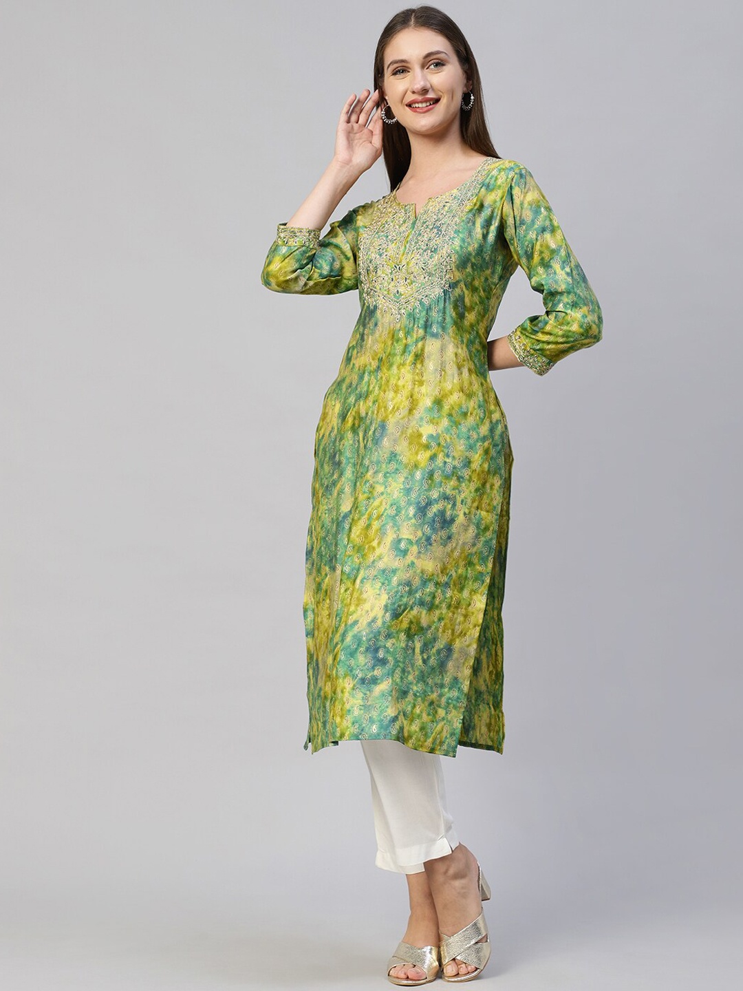 

FASHOR Women Green & Yellow Yoke Design Printed & Embroidered Straight Fit Kurta