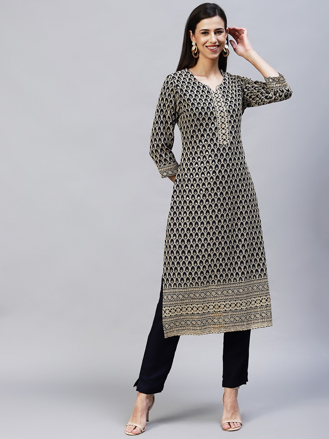 

FASHOR Women Navy Blue Printed Chikankari Kurta with Trousers & With Dupatta