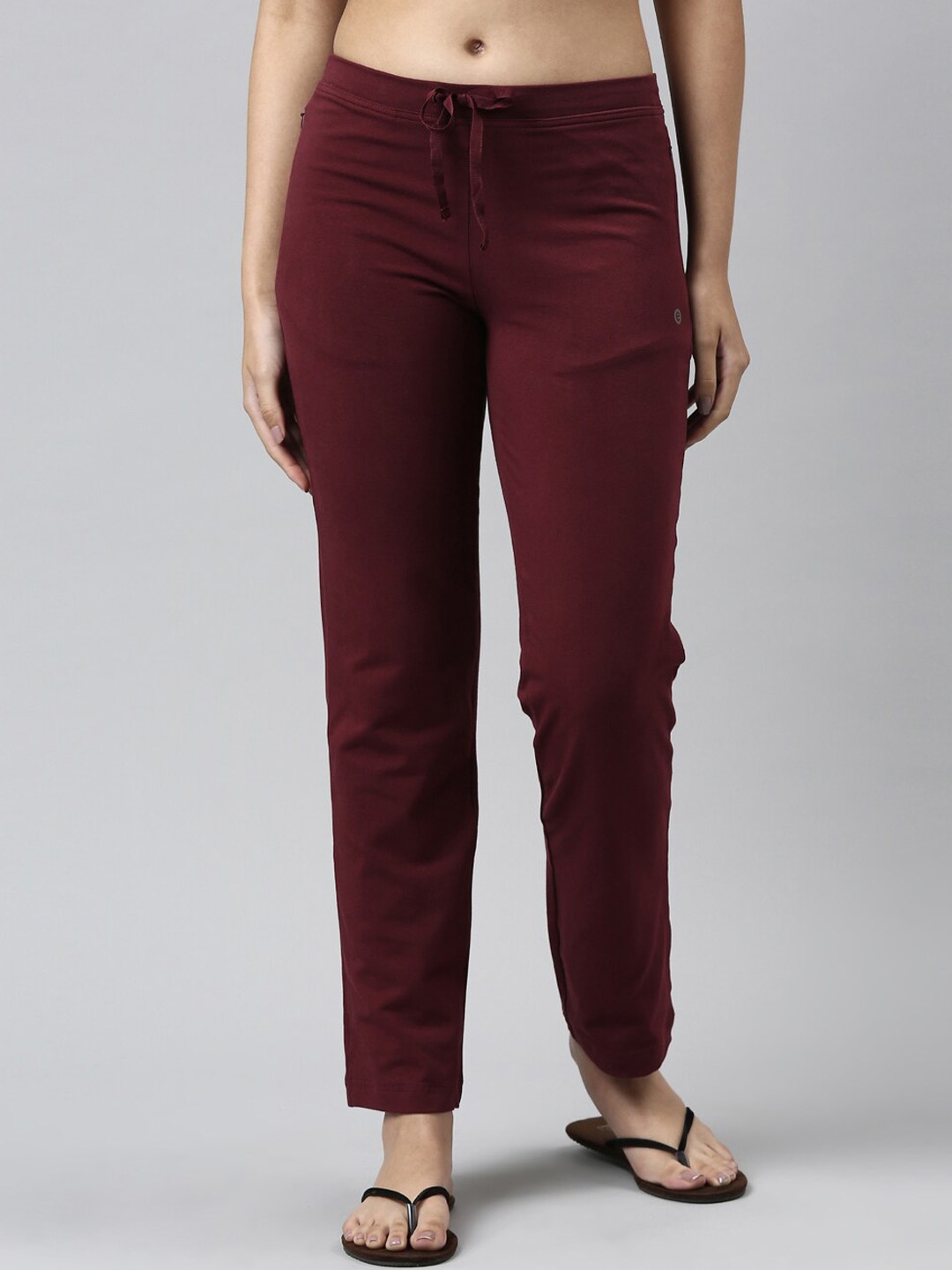

Enamor E014 Mid-Rise Straight Leg Lounge Pants for Women with Drawstring & Zipper Pockets, Maroon