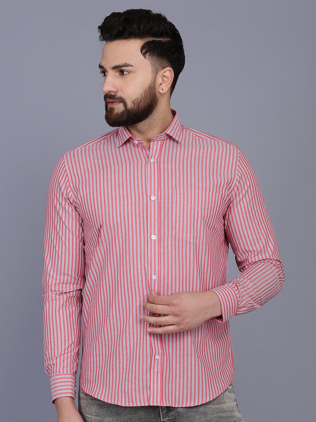 

JJAAGG T Men Red Classic Striped Cotton Semiformal Shirt