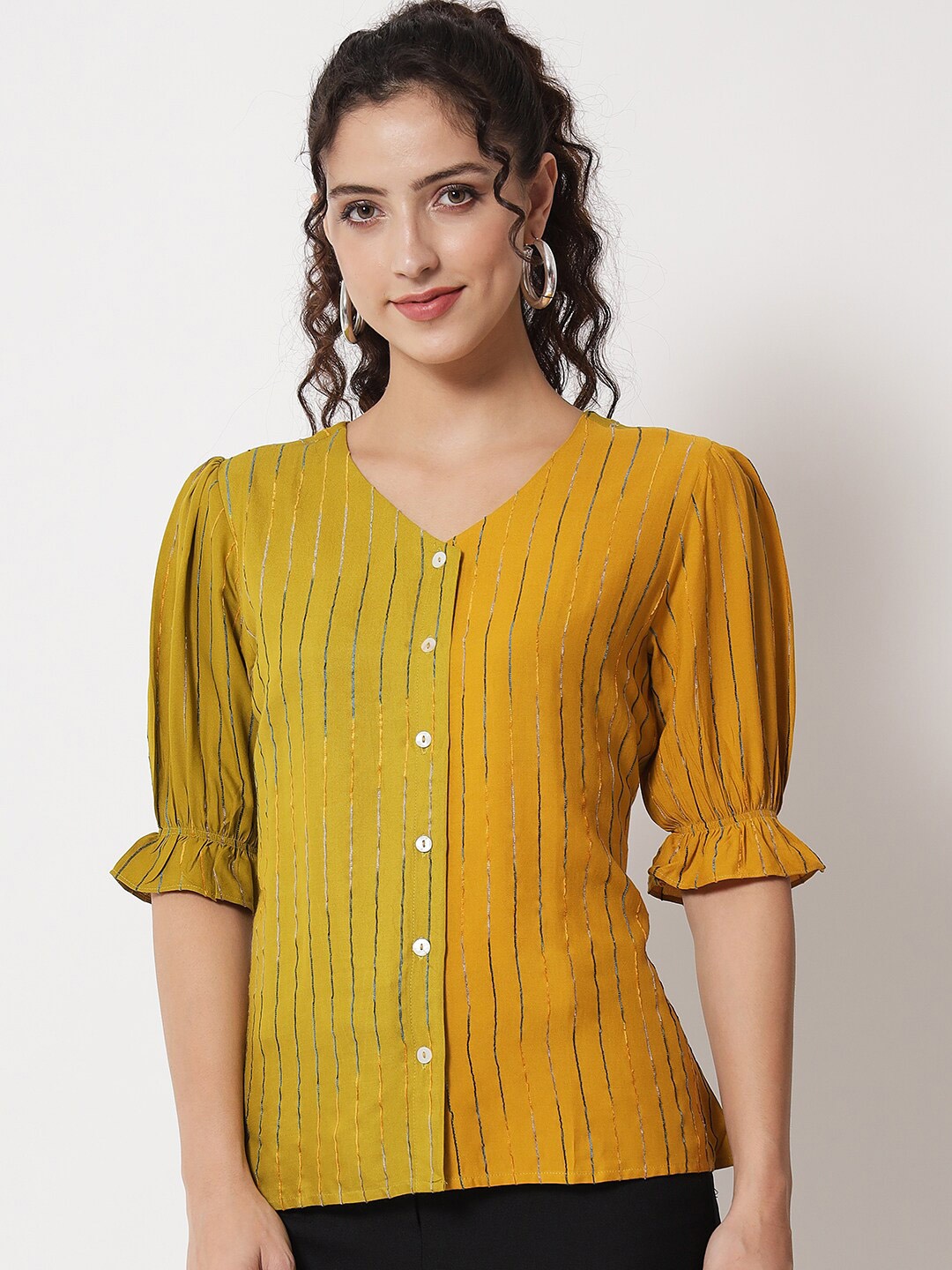 

Shopping Queen Women Green & Mustard Yellow Striped Shirt Style Top