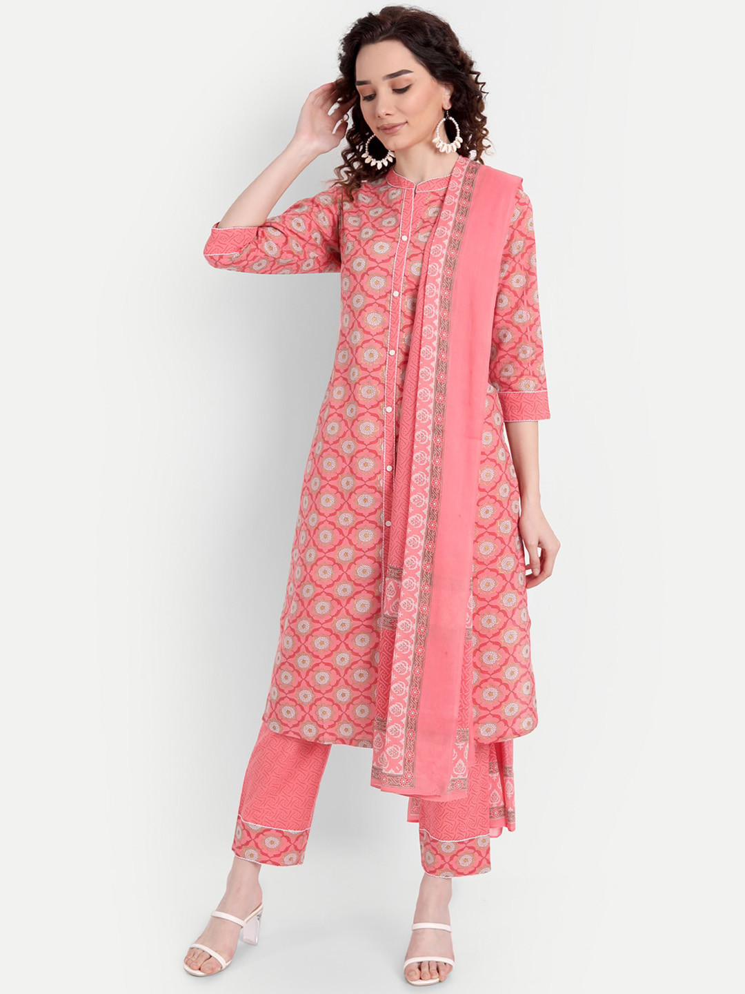 

HK colours of fashion Women Pink Ethnic Motifs Printed Pure Cotton Kurta with Trousers & With Dupatta
