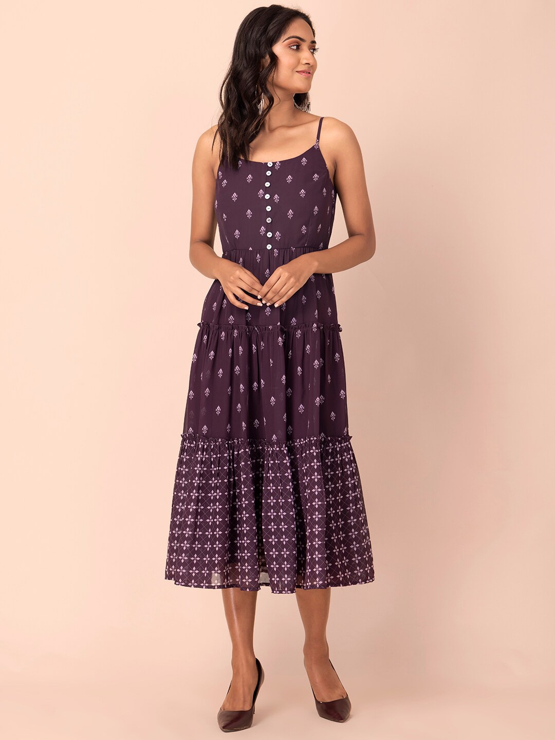 

INDYA Purple Floral Georgette A-Line Midi Dress