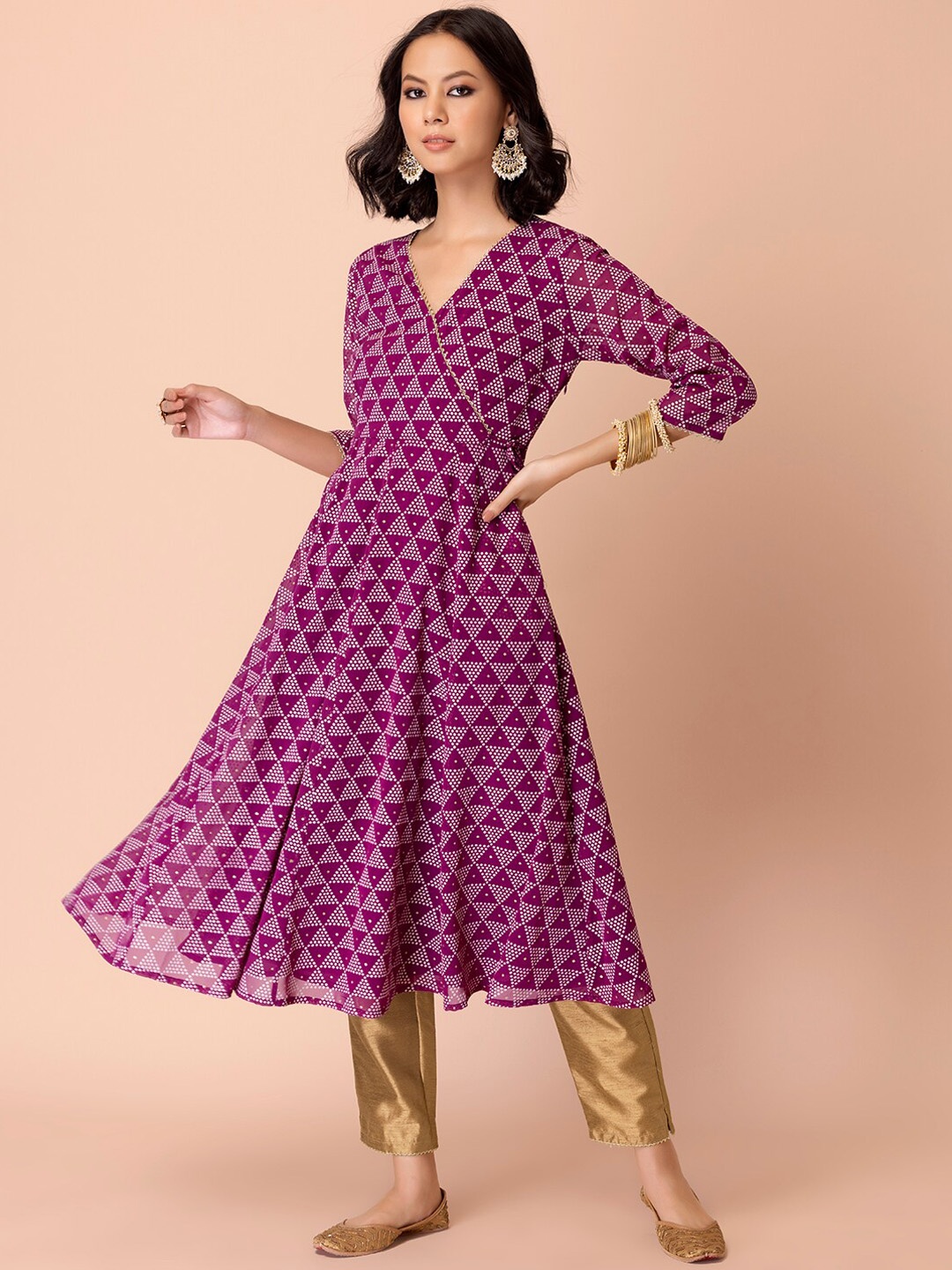 

Rang by Indya Women Purple Geometric Printed Georgette Anarkali Kurta