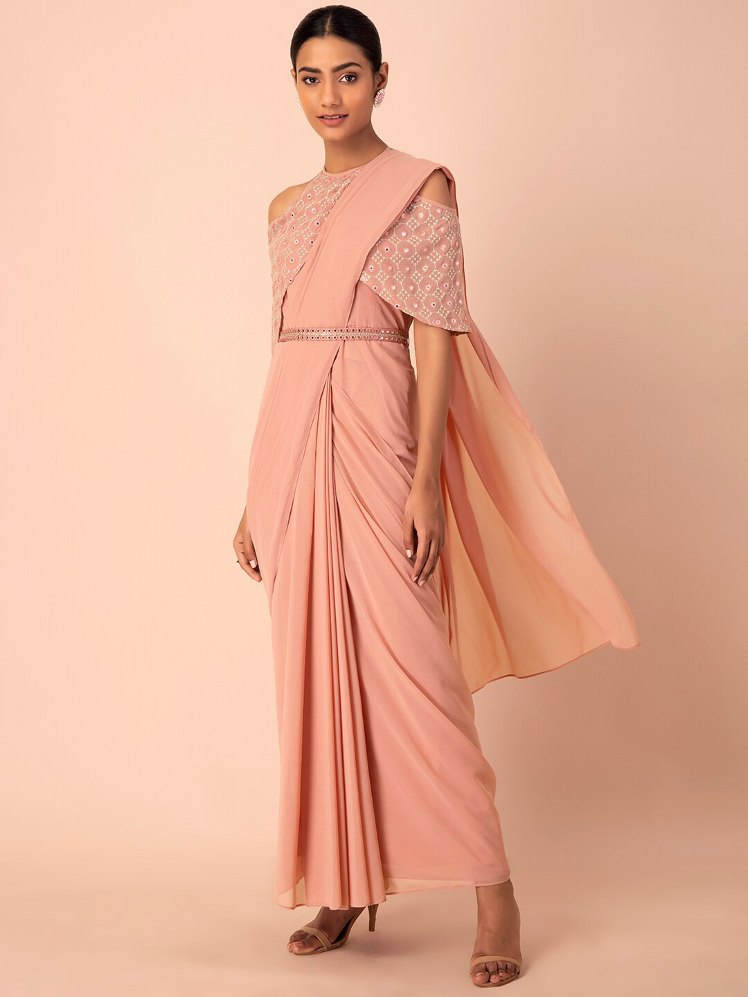 

INDYA Peach Belted Pre Draped Saree With Attached Blouse