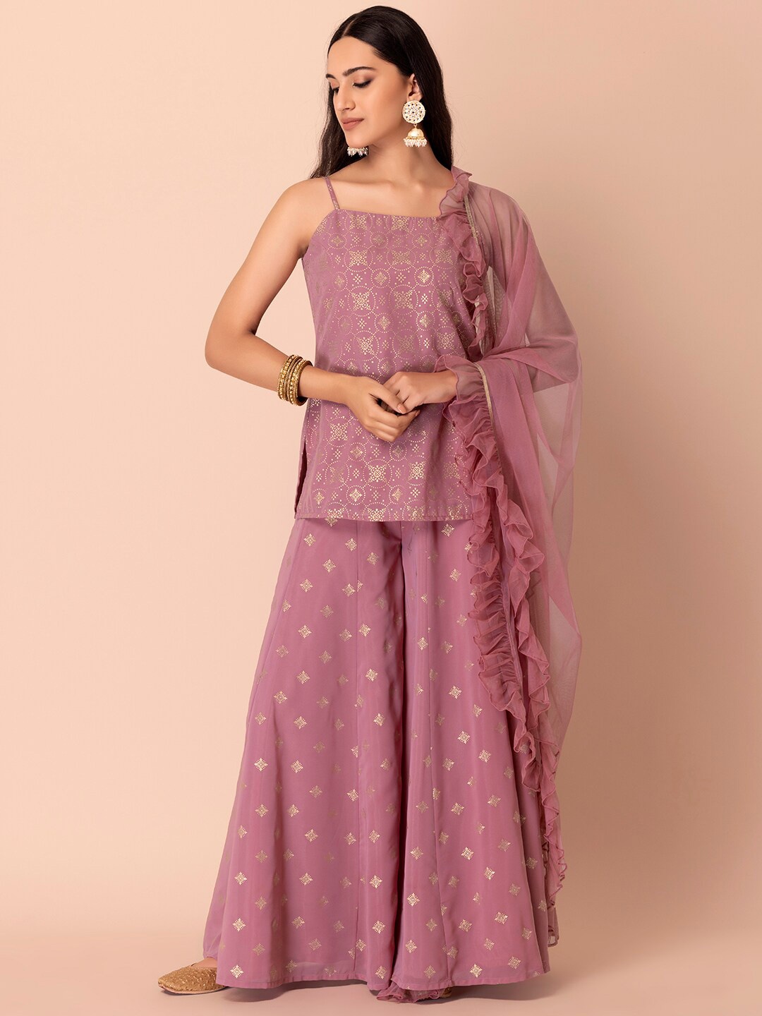 

INDYA Mesh Dupatta With Gotta Patti, Pink