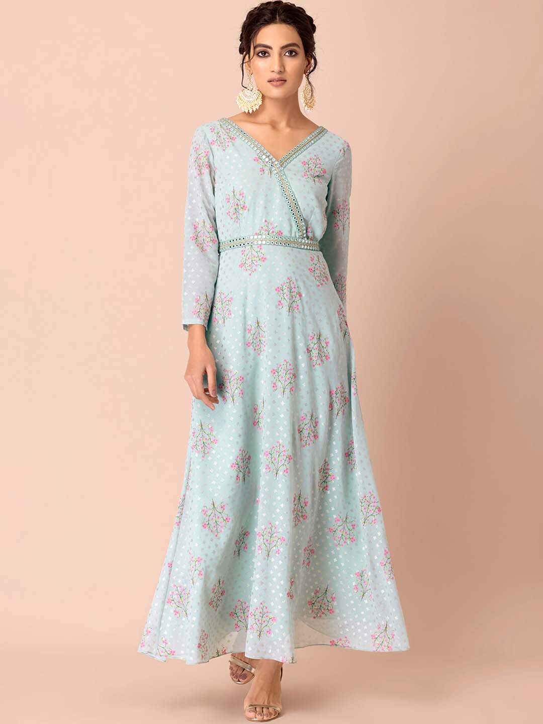 

INDYA Women Blue Floral Printed Georgette Angrakha Kurta