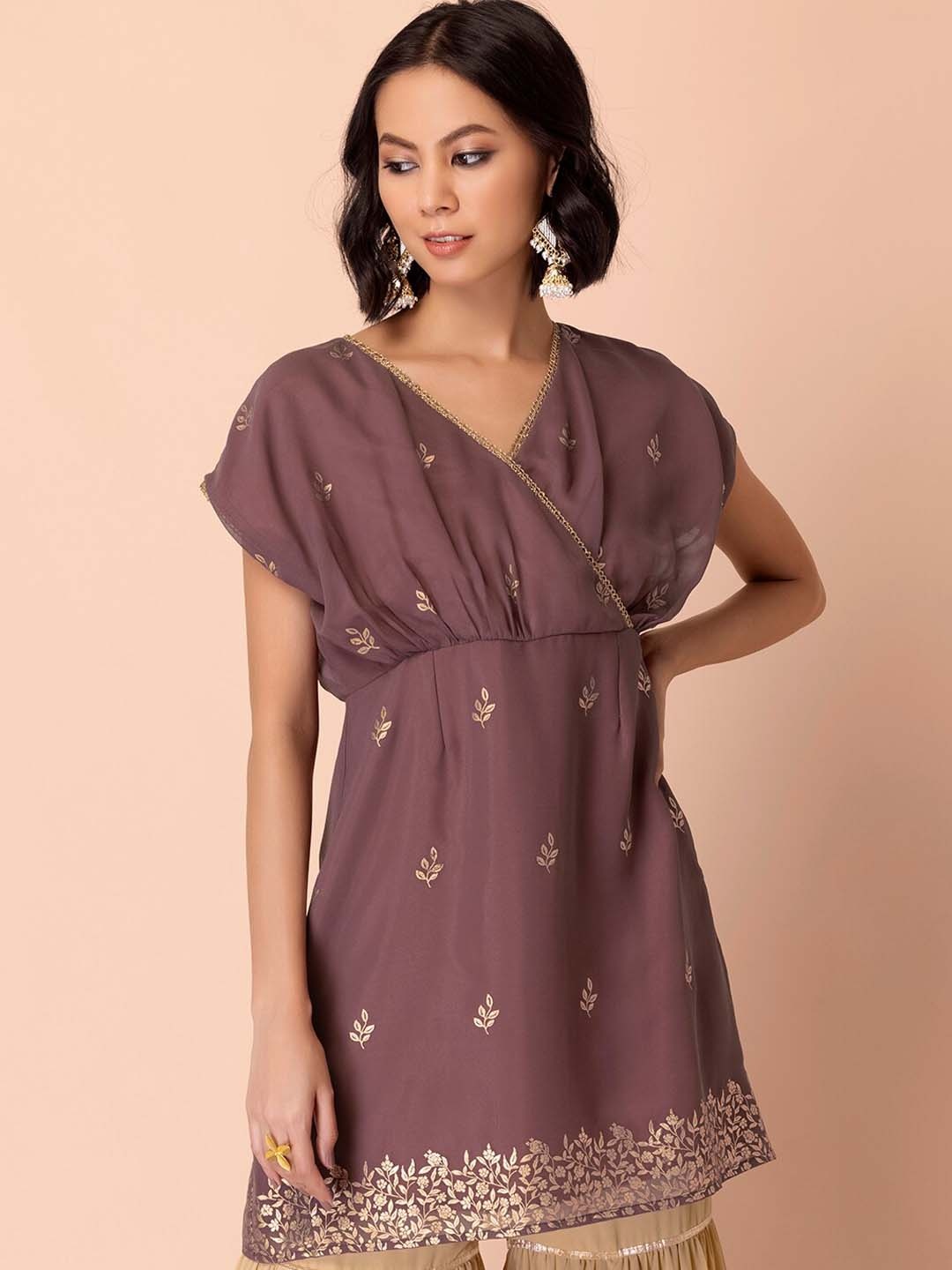 

INDYA Purple & Gold-Toned Floral Printed V-Neck Extended Sleeves Pure Georgette Kurti