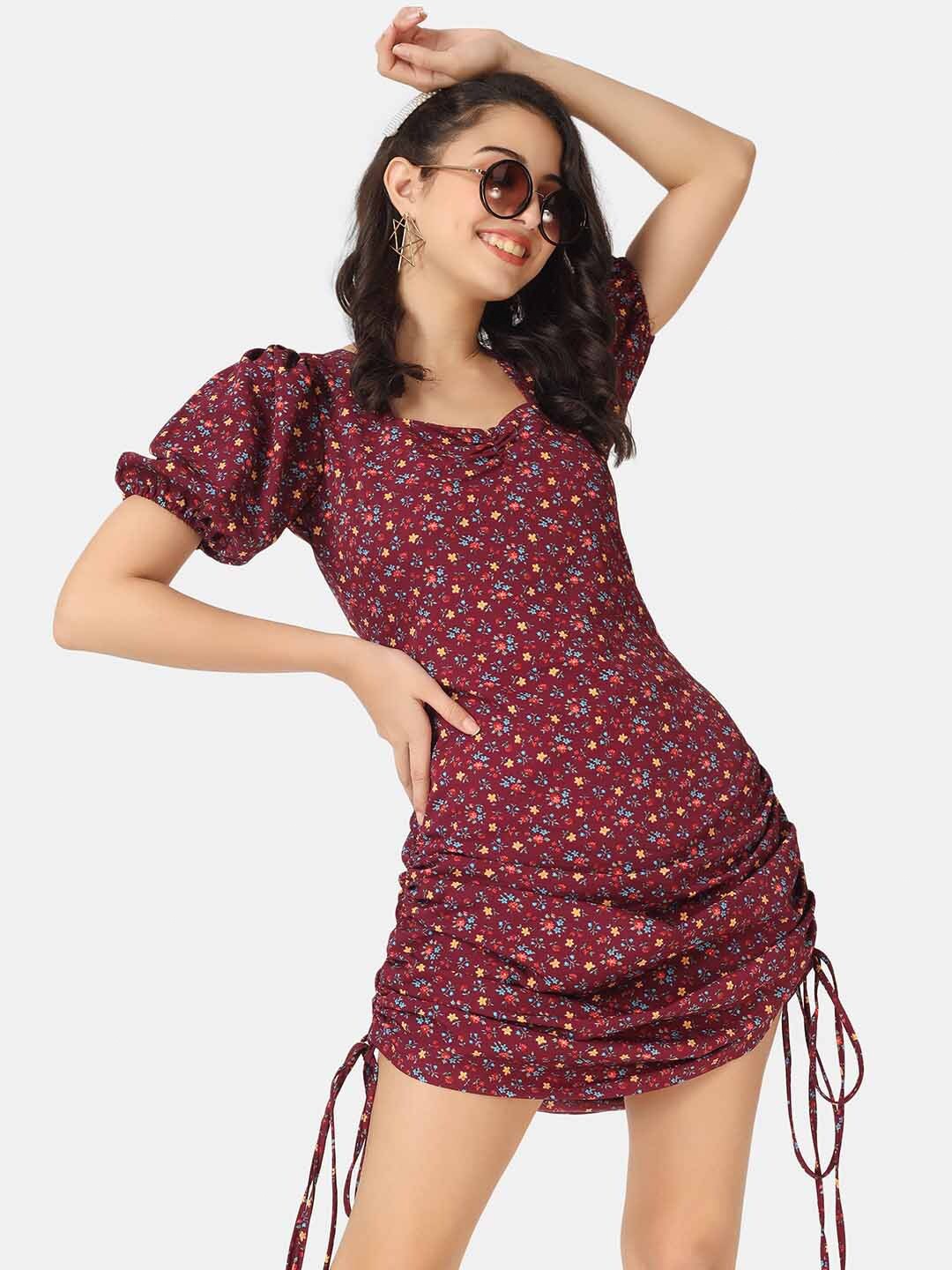 

angloindu Women Maroon Floral Crepe A-Line Mini Dress