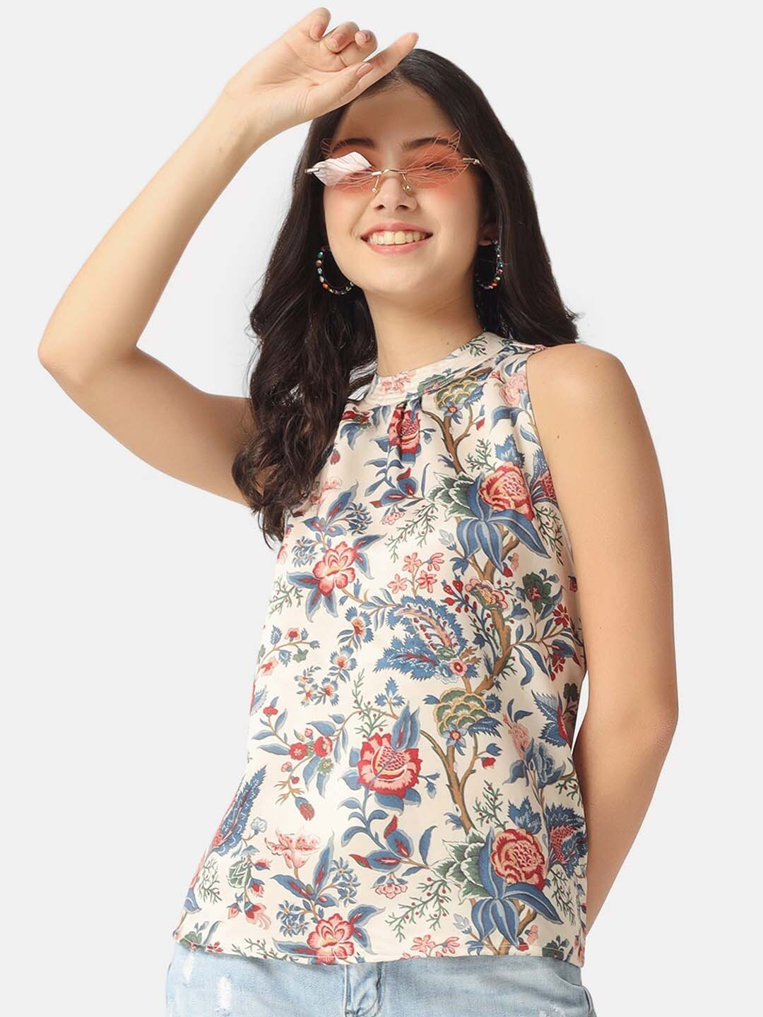 

angloindu Cream-Coloured & Blue Floral Print Halter Neck Top