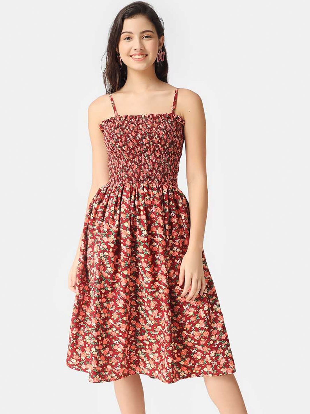 

angloindu Women Red Floral Smocked Dress With Detachable Sleeves