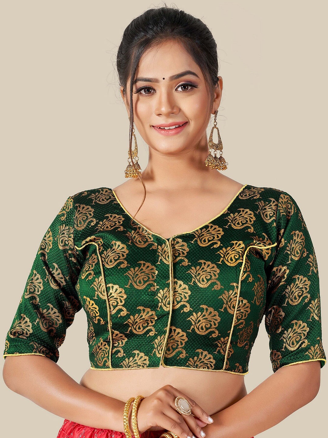 

HIMRISE Green & Gold-Coloured Woven Design Readymade Saree Blouse